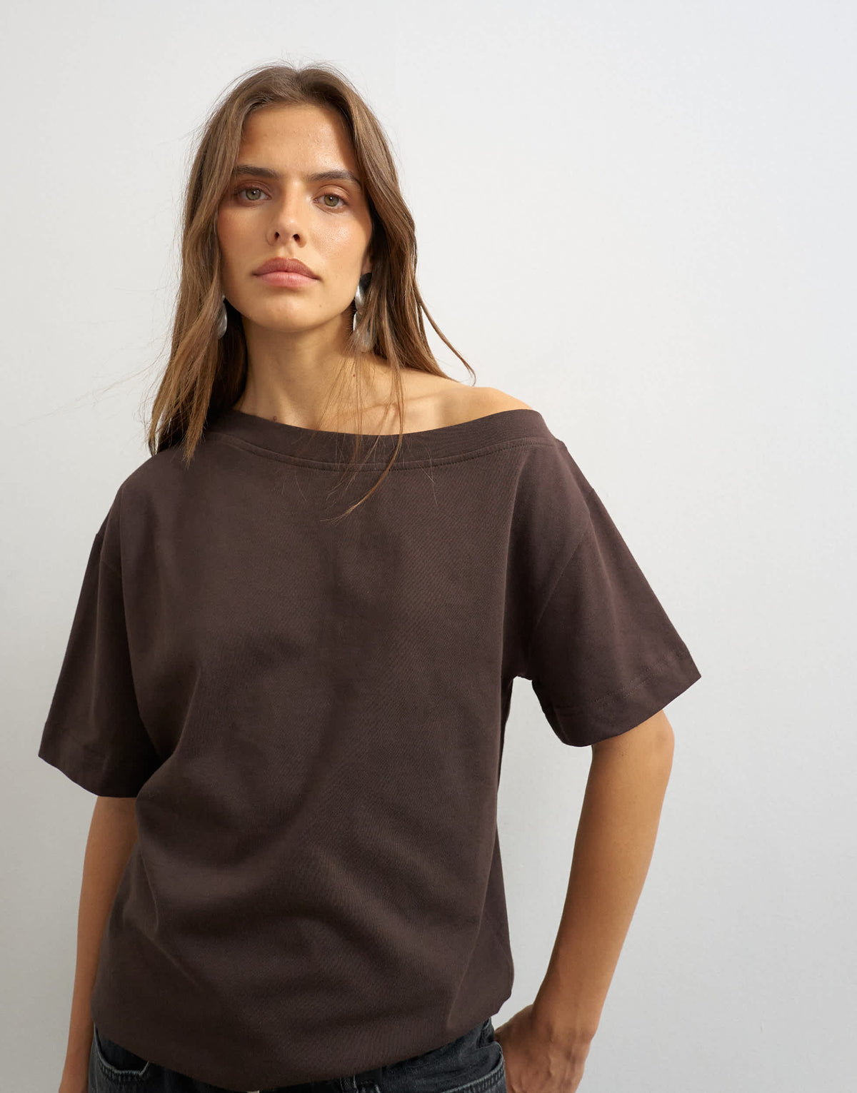 Topshop fallen shoulder t-shirt in dark chocolate