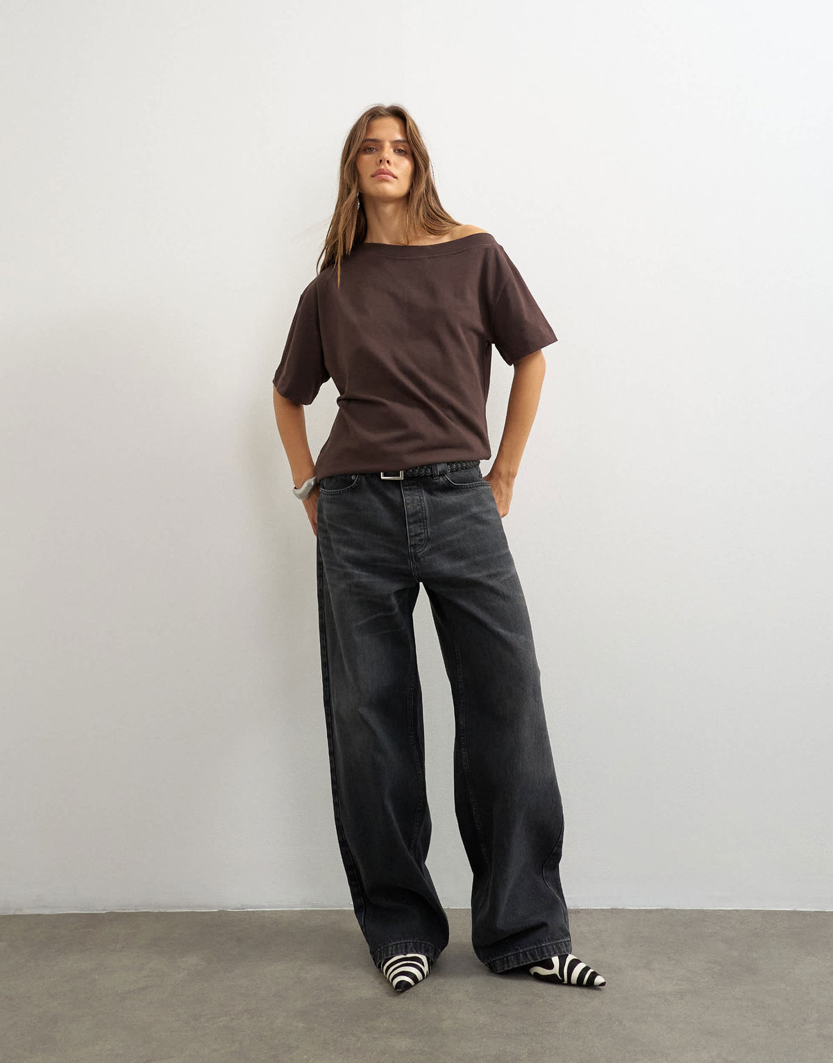 Topshop fallen shoulder t-shirt in dark chocolate