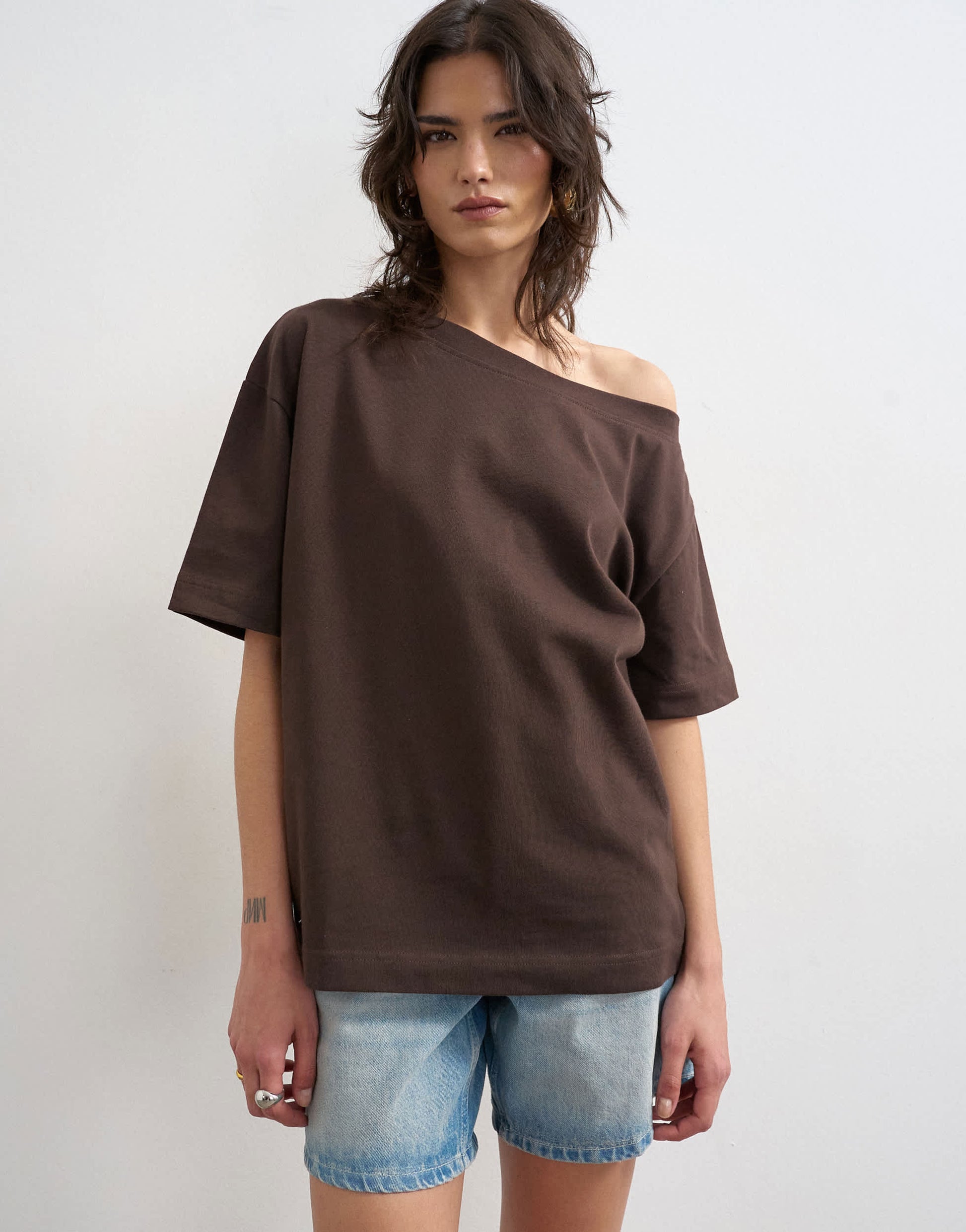 Topshop fallen shoulder t-shirt in dark chocolate