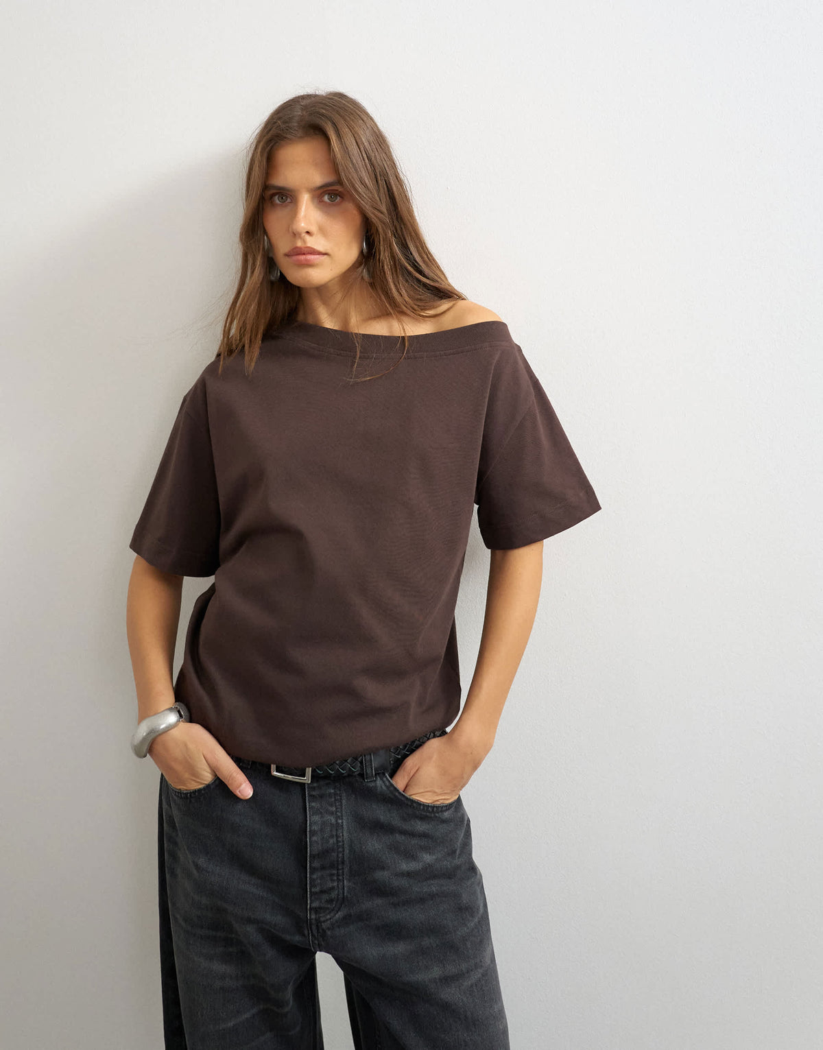 Topshop fallen shoulder t-shirt in dark chocolate