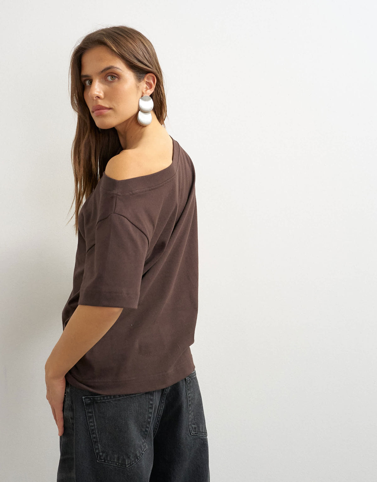 Topshop fallen shoulder t-shirt in dark chocolate