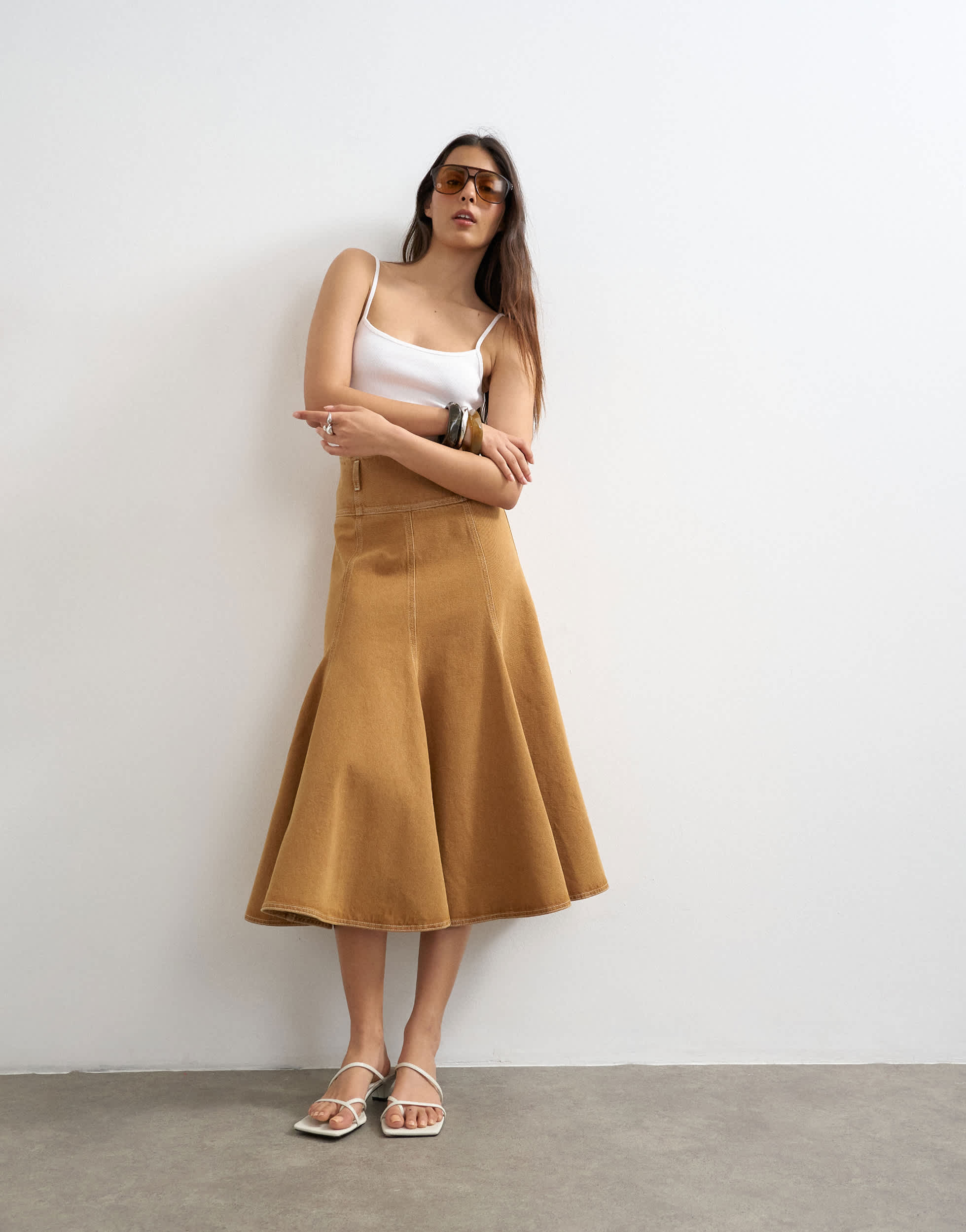 Topshop denim fit and flare maxi skirt in tobacco