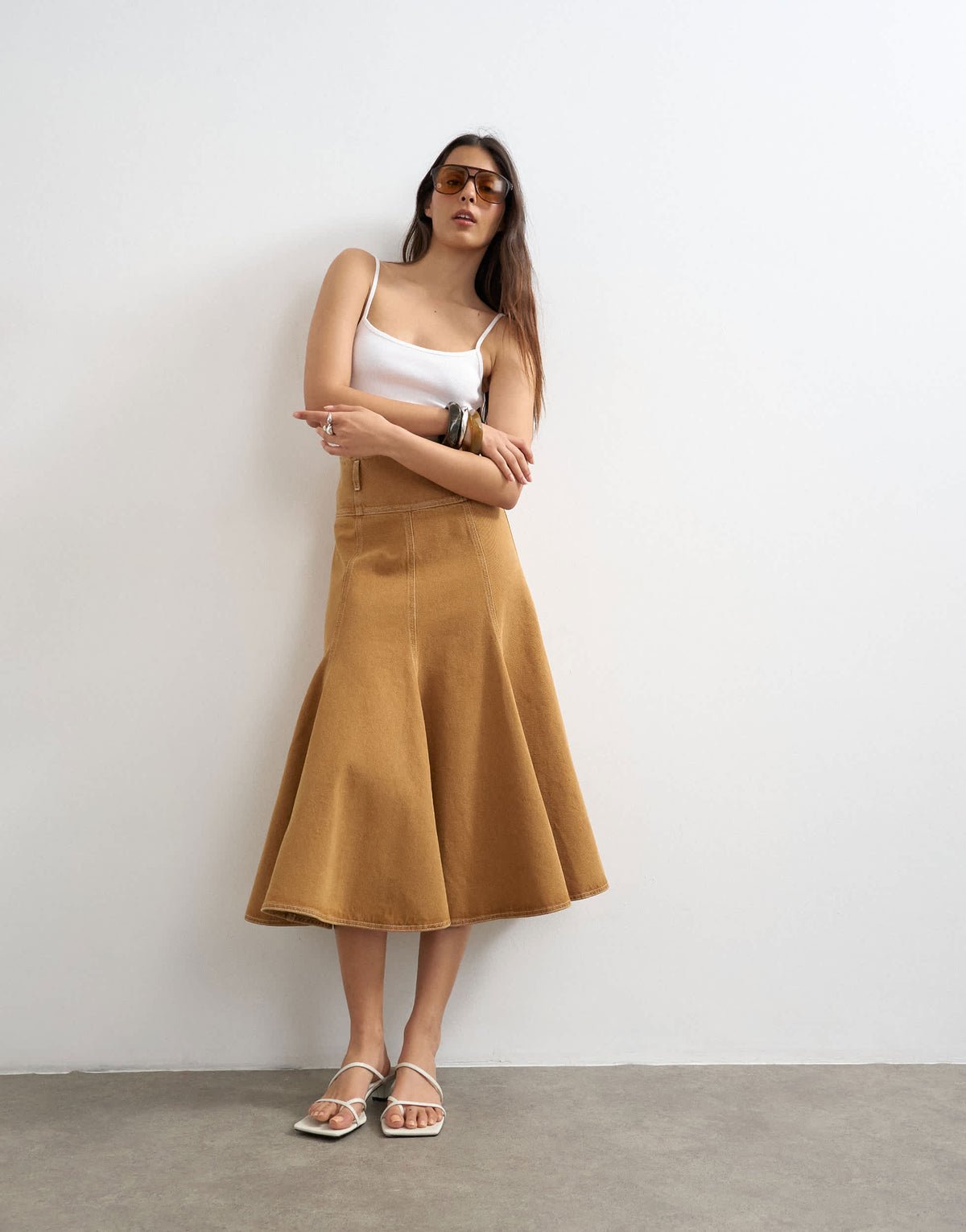 Topshop denim fit and flare maxi skirt in tobacco