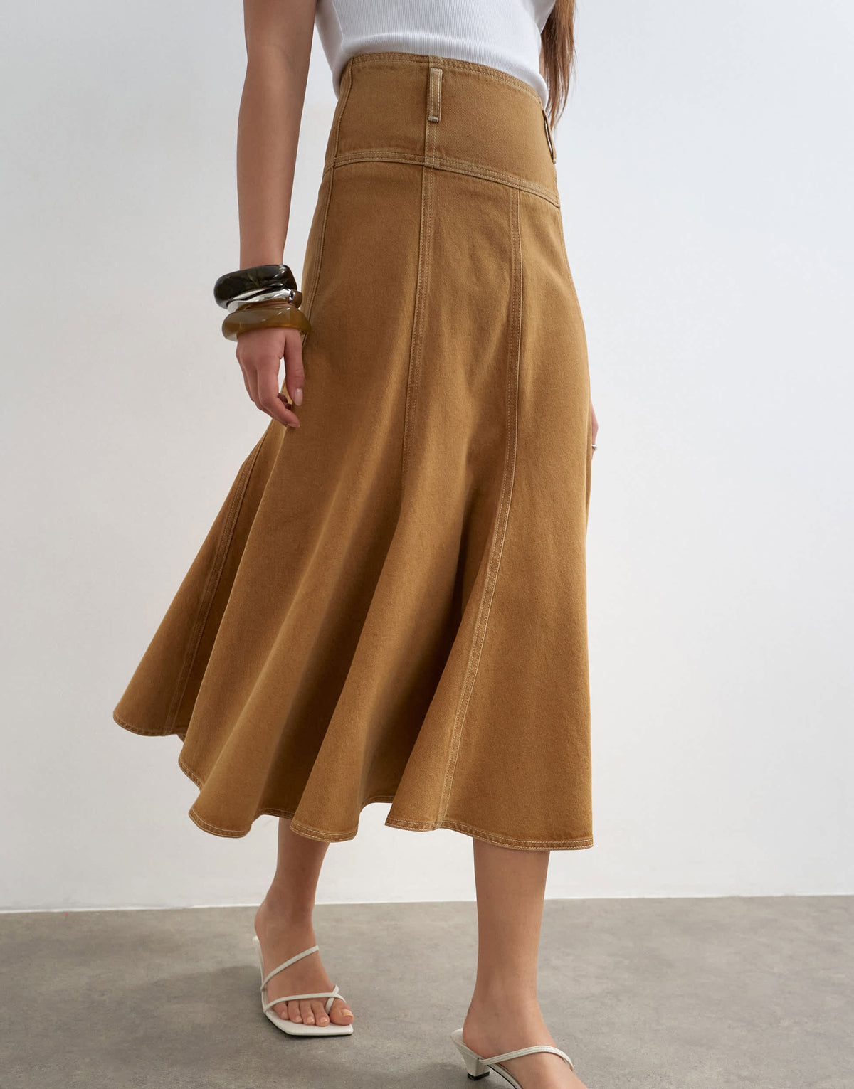 Topshop denim fit and flare maxi skirt in tobacco