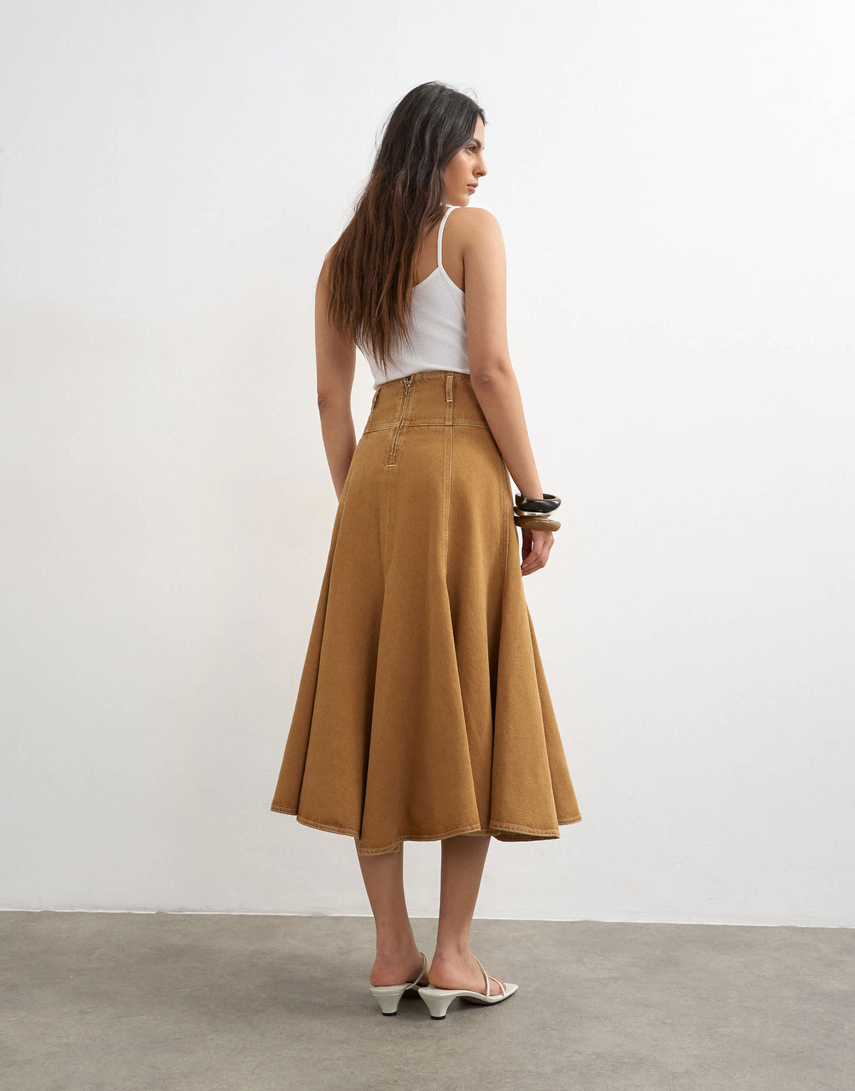 Topshop denim fit and flare maxi skirt in tobacco