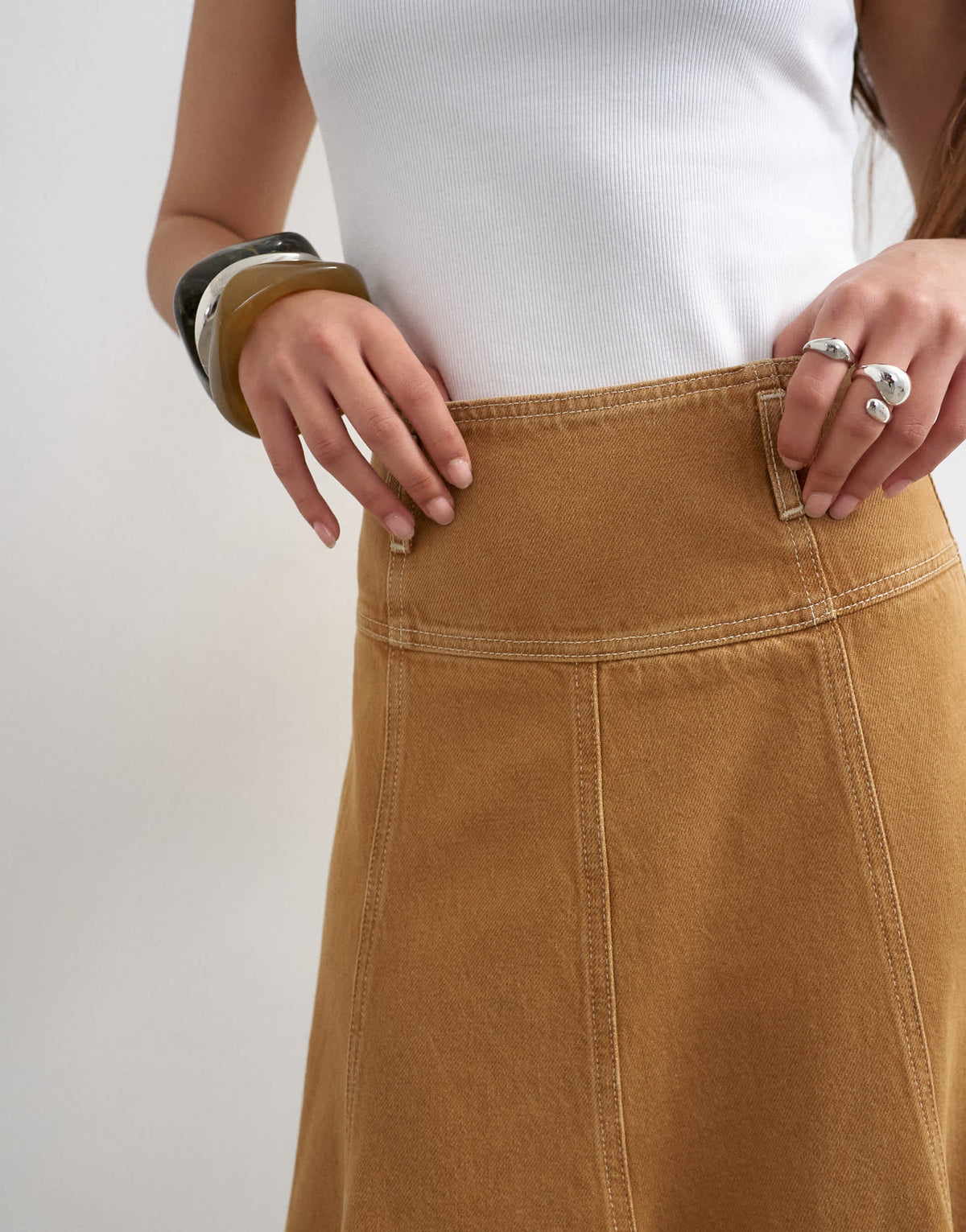 Topshop denim fit and flare maxi skirt in tobacco