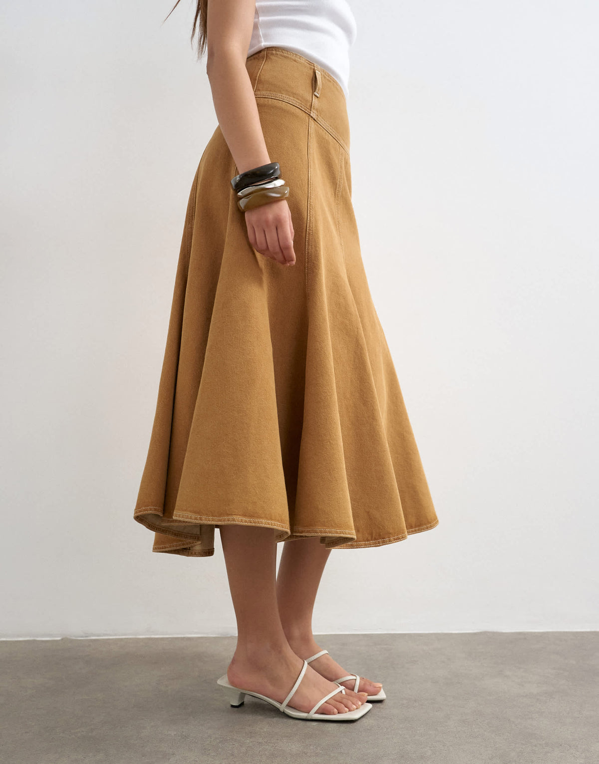 Topshop denim fit and flare maxi skirt in tobacco