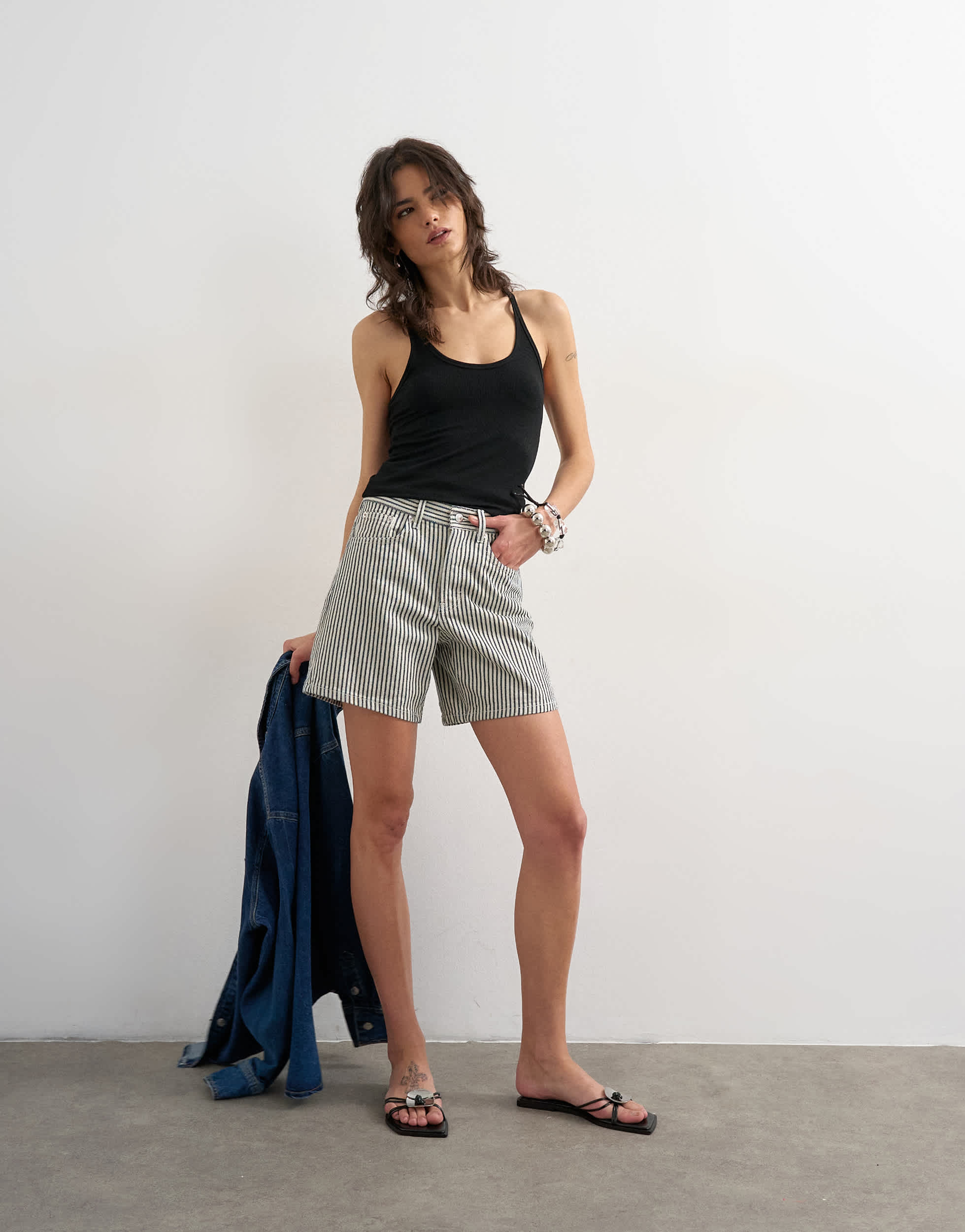 Topshop denim Editor short in ecru stripe
