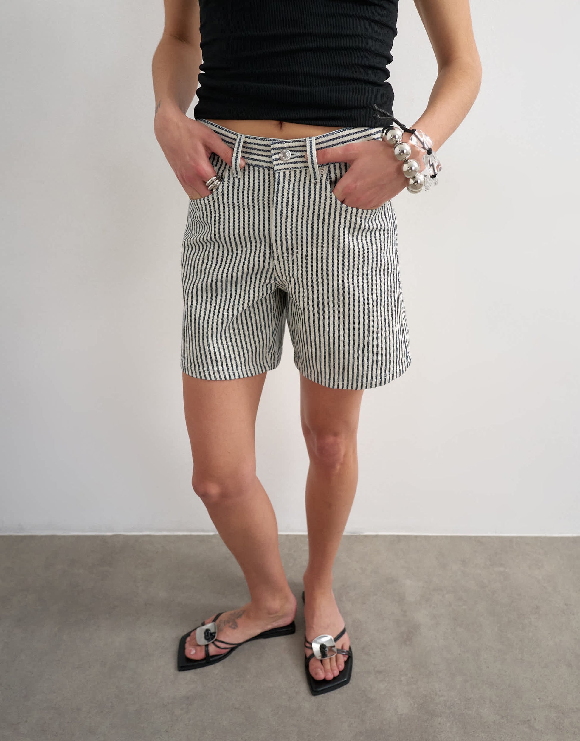 Topshop denim Editor short in ecru stripe