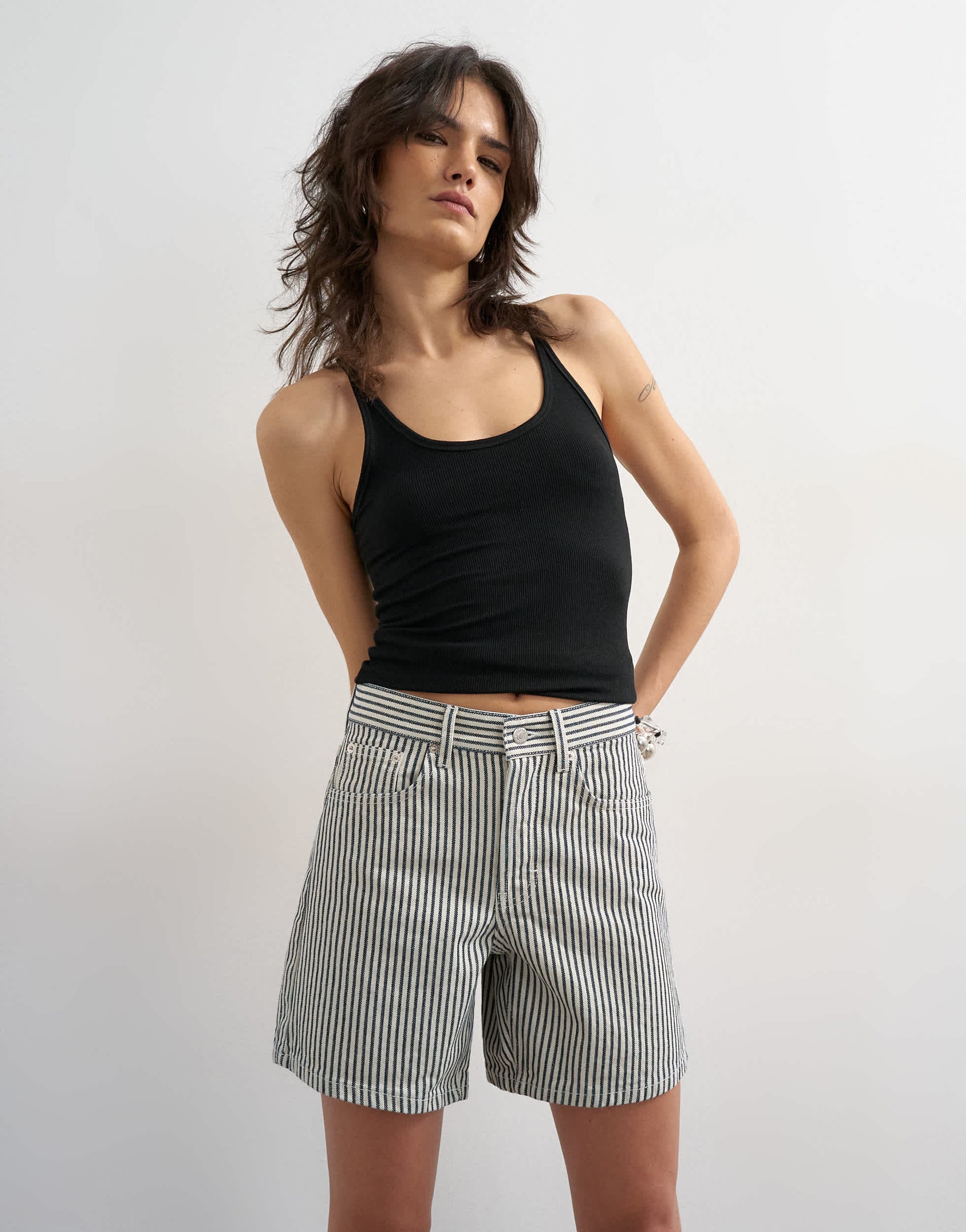Topshop denim Editor short in ecru stripe