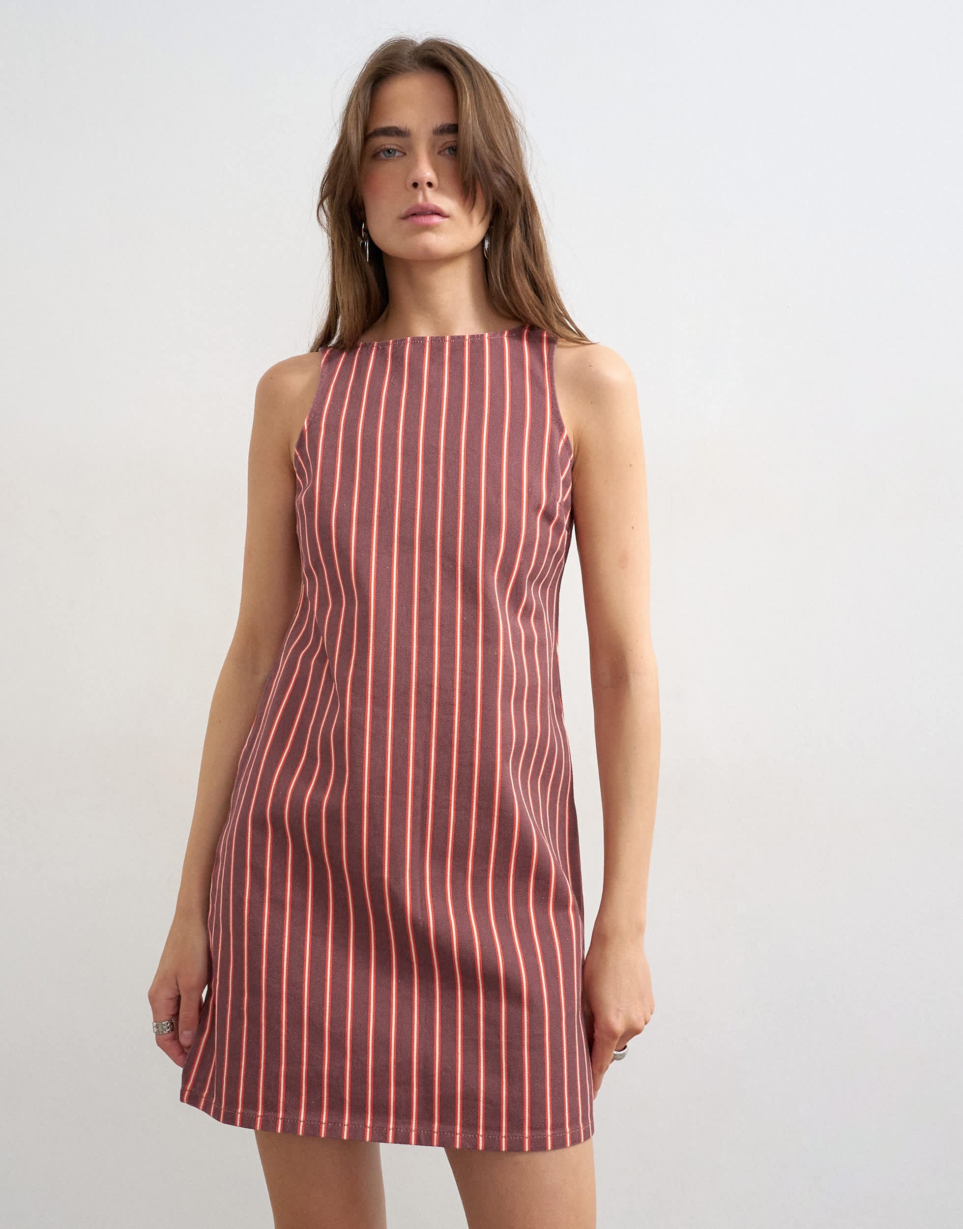 Topshop denim shift mini dress red and pink stripe
