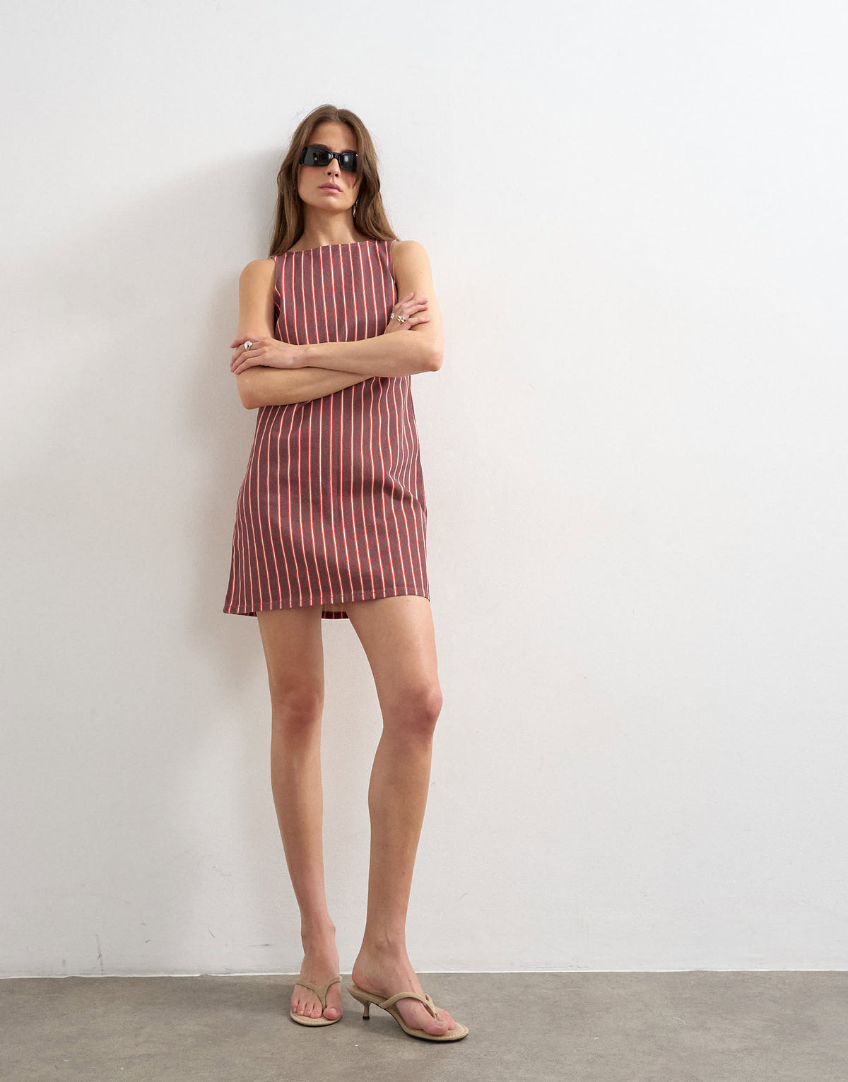 Topshop denim shift mini dress red and pink stripe