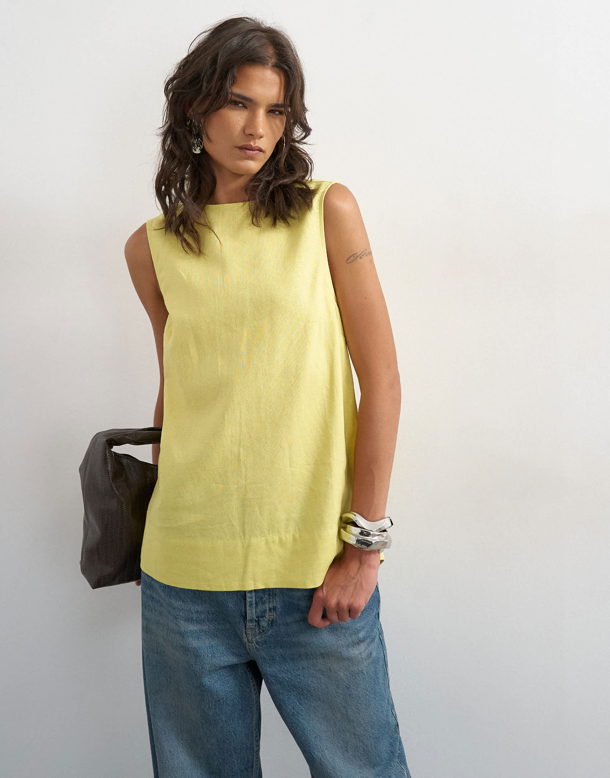 Topshop open back chuck on linen rich tank in muted lime