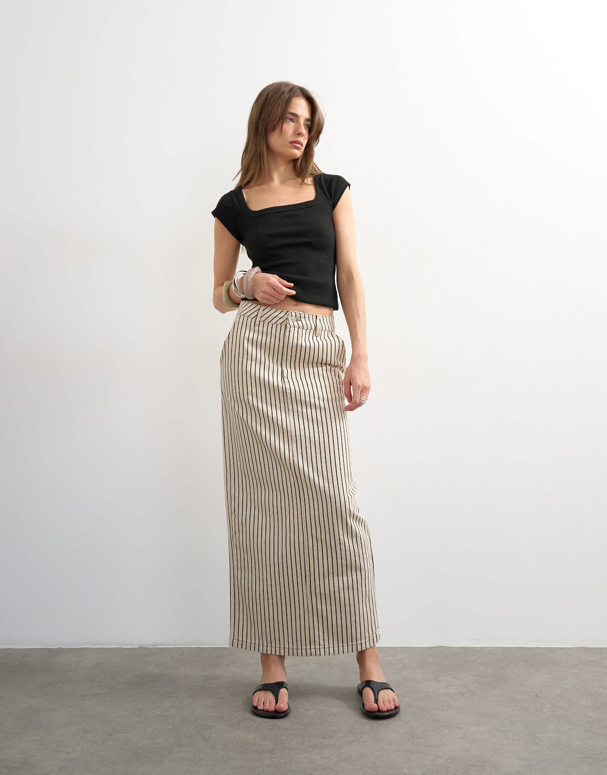 Topshop Jeans-Maxirock in Schwarz-Ecru-Streifenoptik