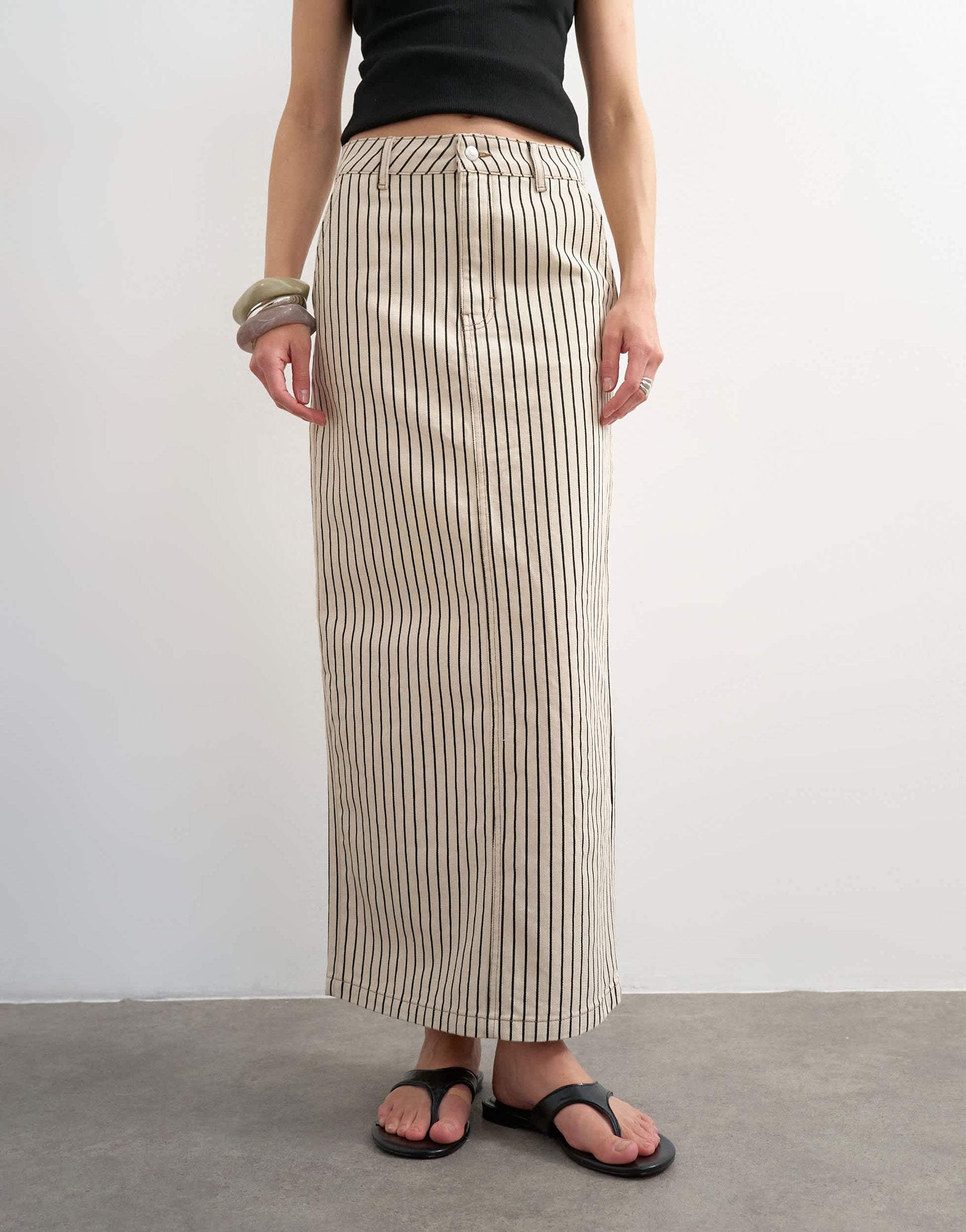 Topshop denim column maxi skirt in black and ecru stripe