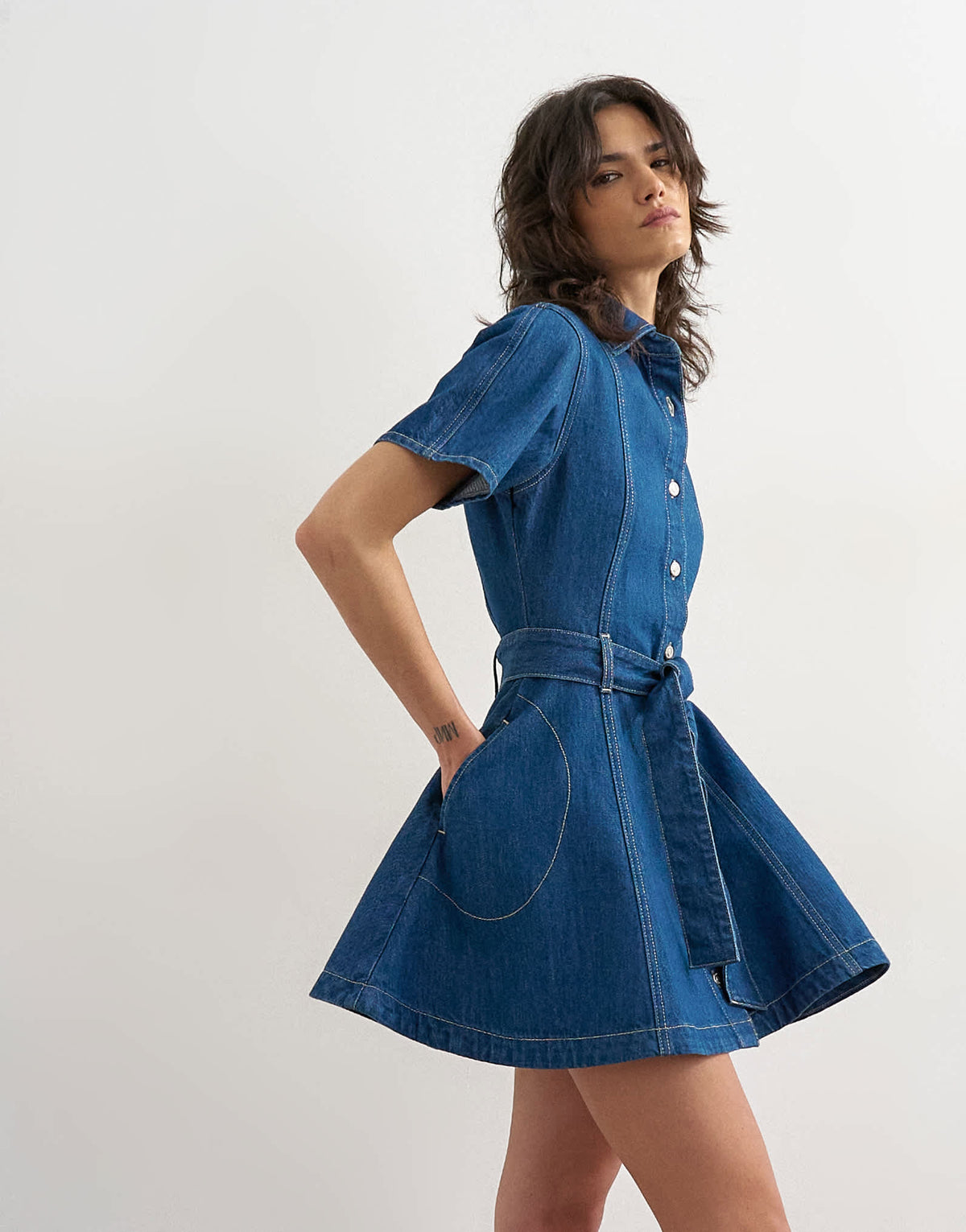 Topshop denim short sleeve belted mini dress in indigo rinse