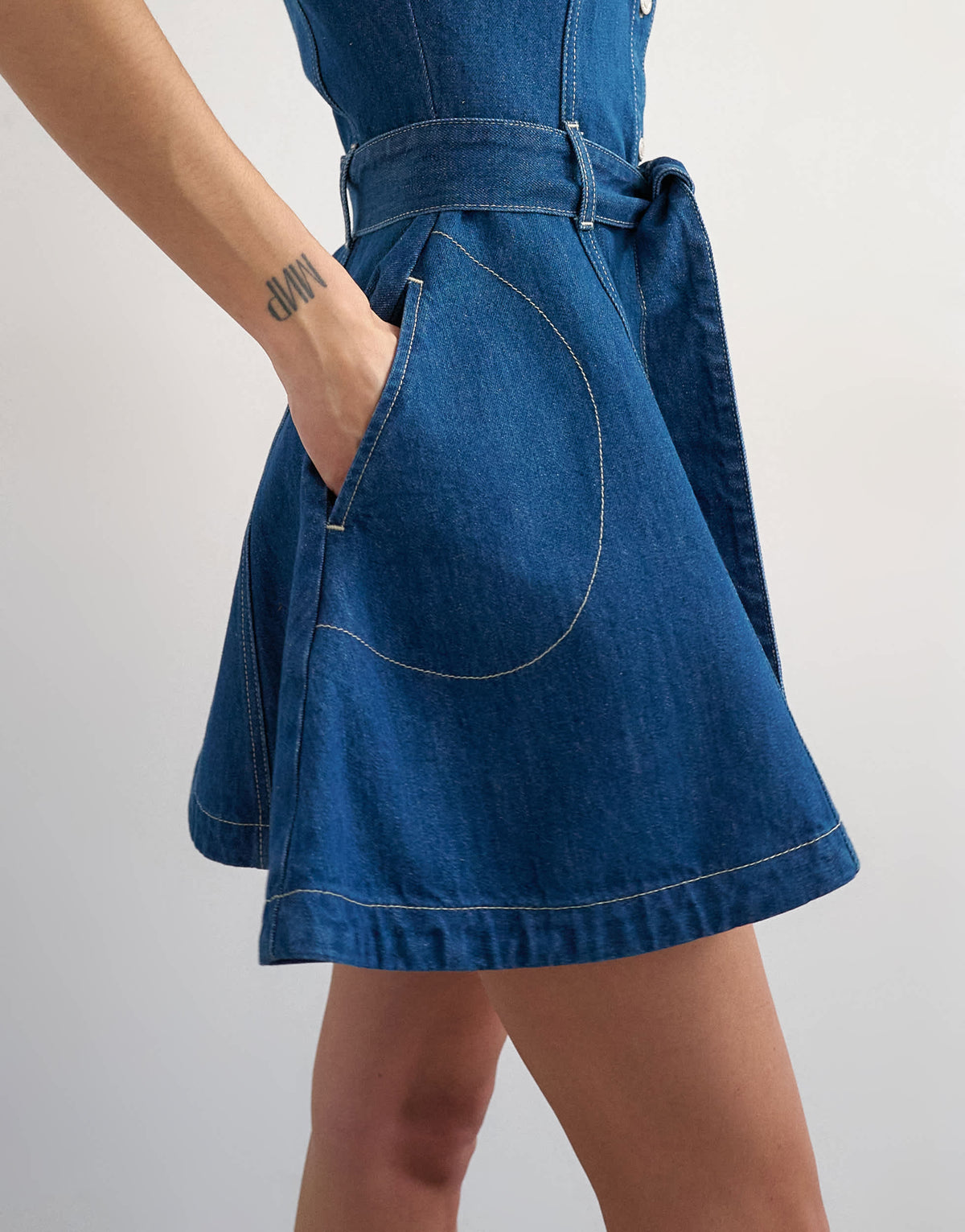 Topshop denim short sleeve belted mini dress in indigo rinse