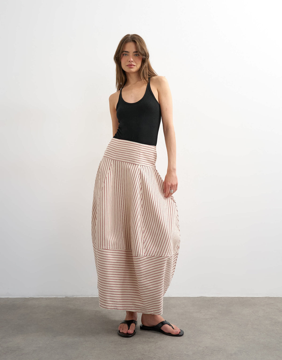 Topshop denim barrel seamed maxi skirt in red and ecru stripe