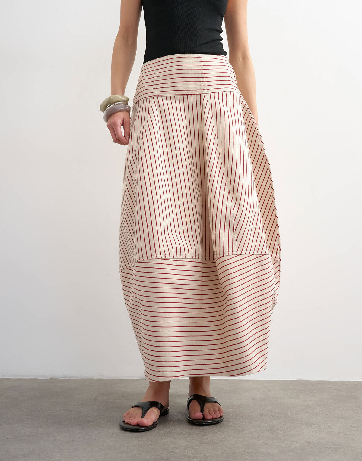 Topshop denim barrel seamed maxi skirt in red and ecru stripe