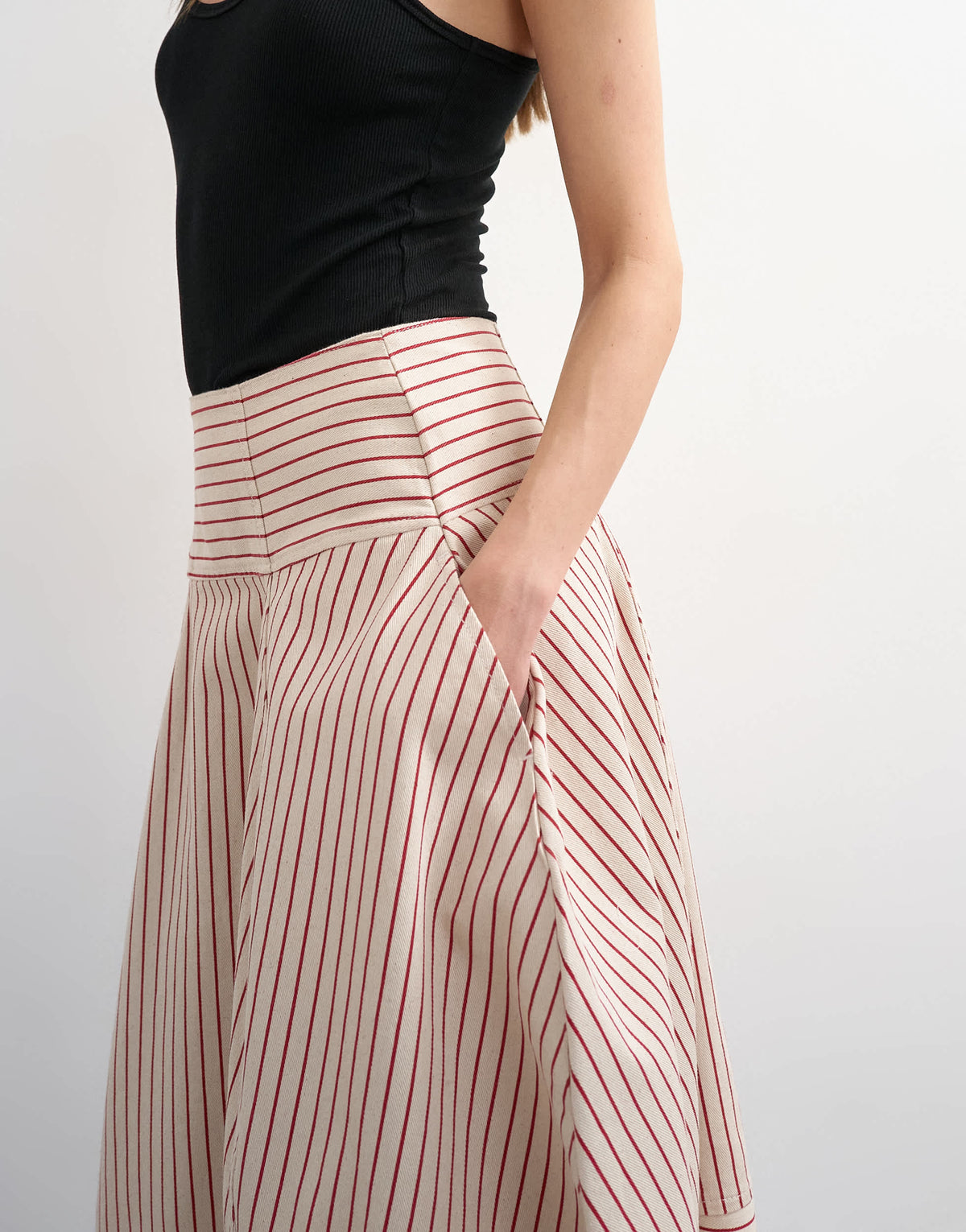 Topshop denim barrel seamed maxi skirt in red and ecru stripe