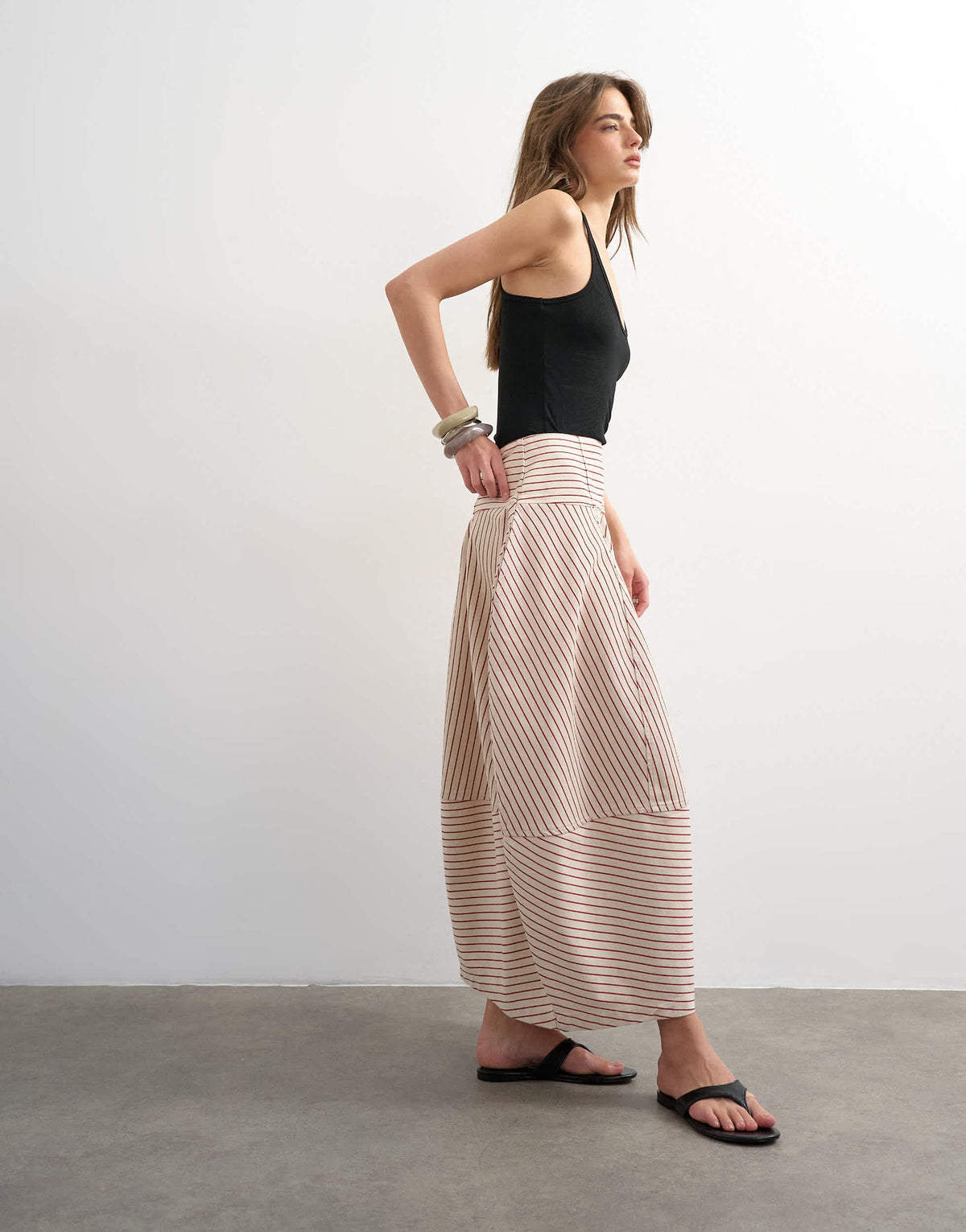 Topshop denim barrel seamed maxi skirt in red and ecru stripe