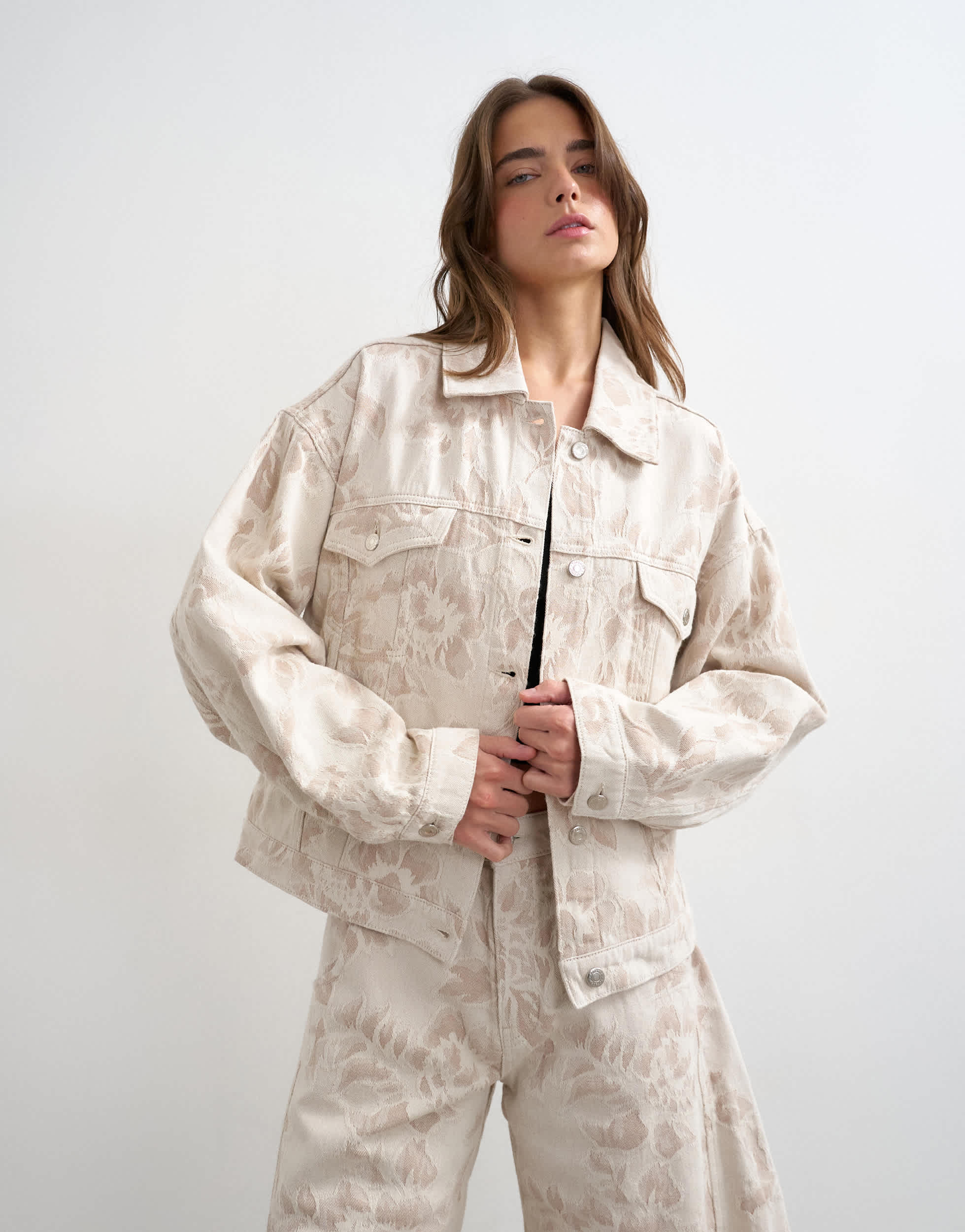Topshop denim balloon jacket in ecru jacquard floral