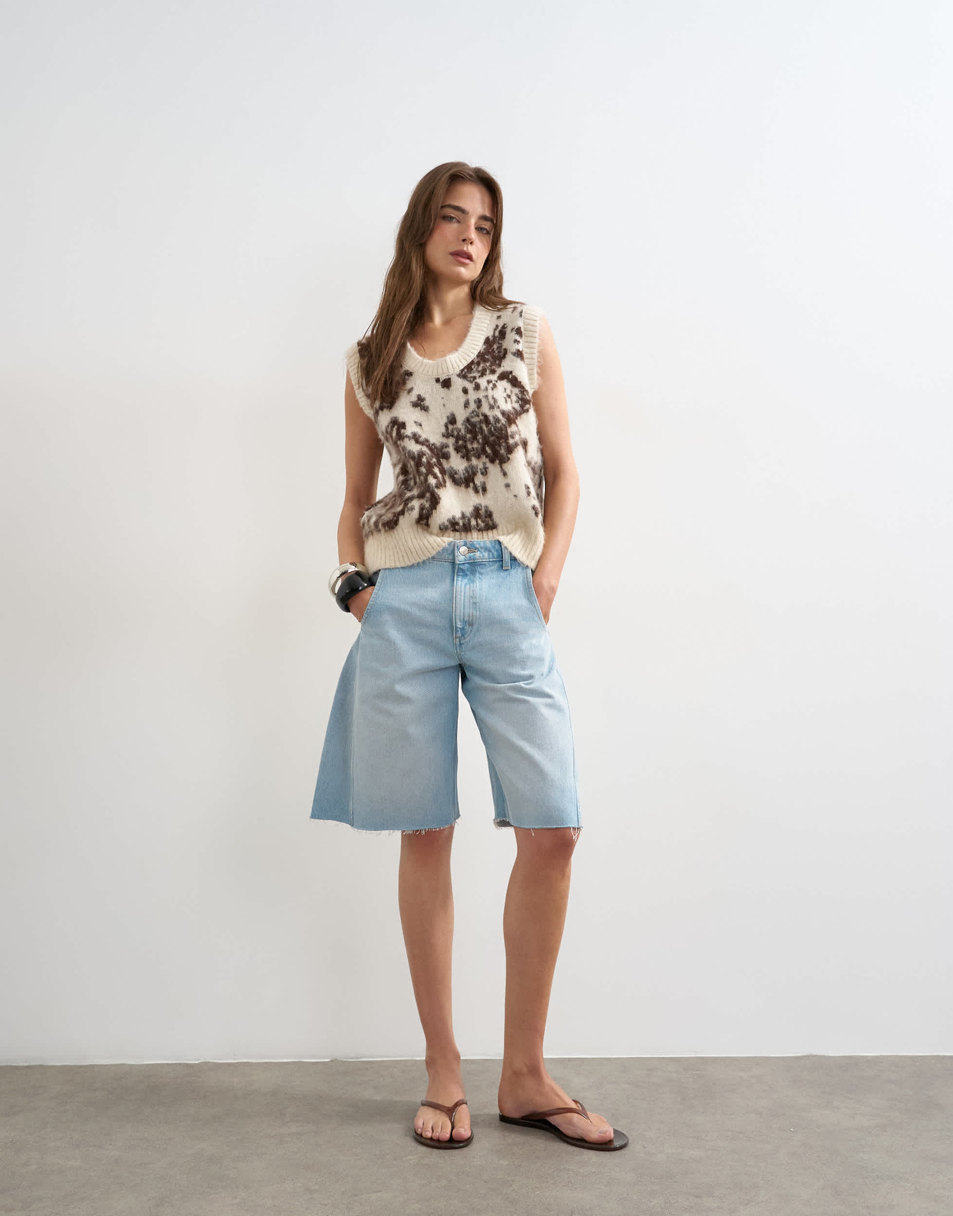 Topshop knitted scoop neck animal vest in ivory