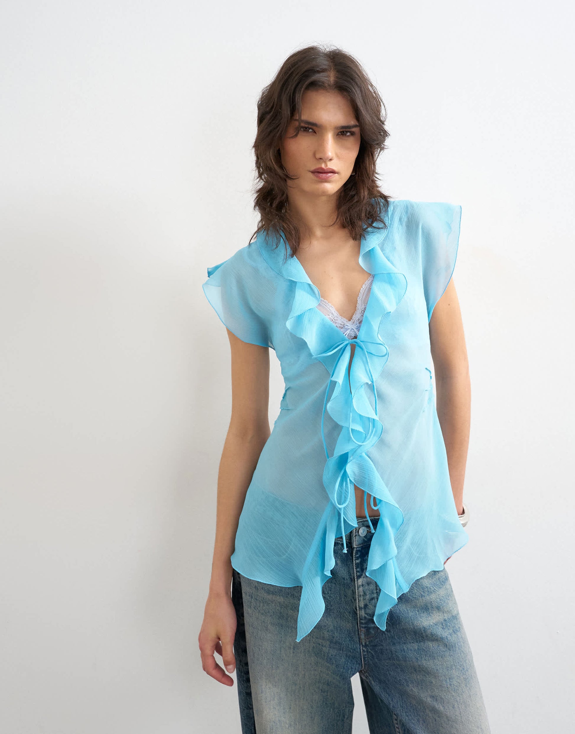 Topshop ruffle v neck top in blue