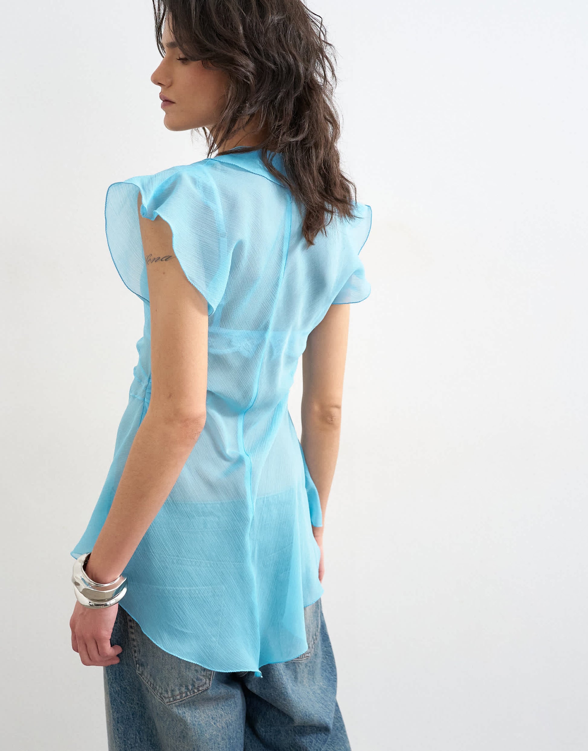 Topshop ruffle v neck top in blue