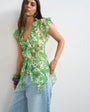 Topshop ruffle v neck top in green floral print