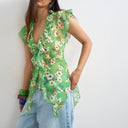 Topshop ruffle v neck top in green floral print
