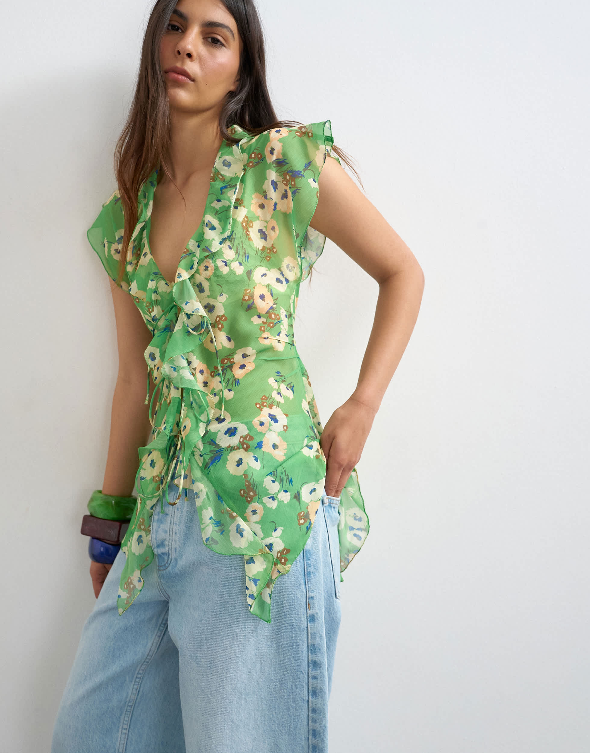 Topshop ruffle v neck top in green floral print