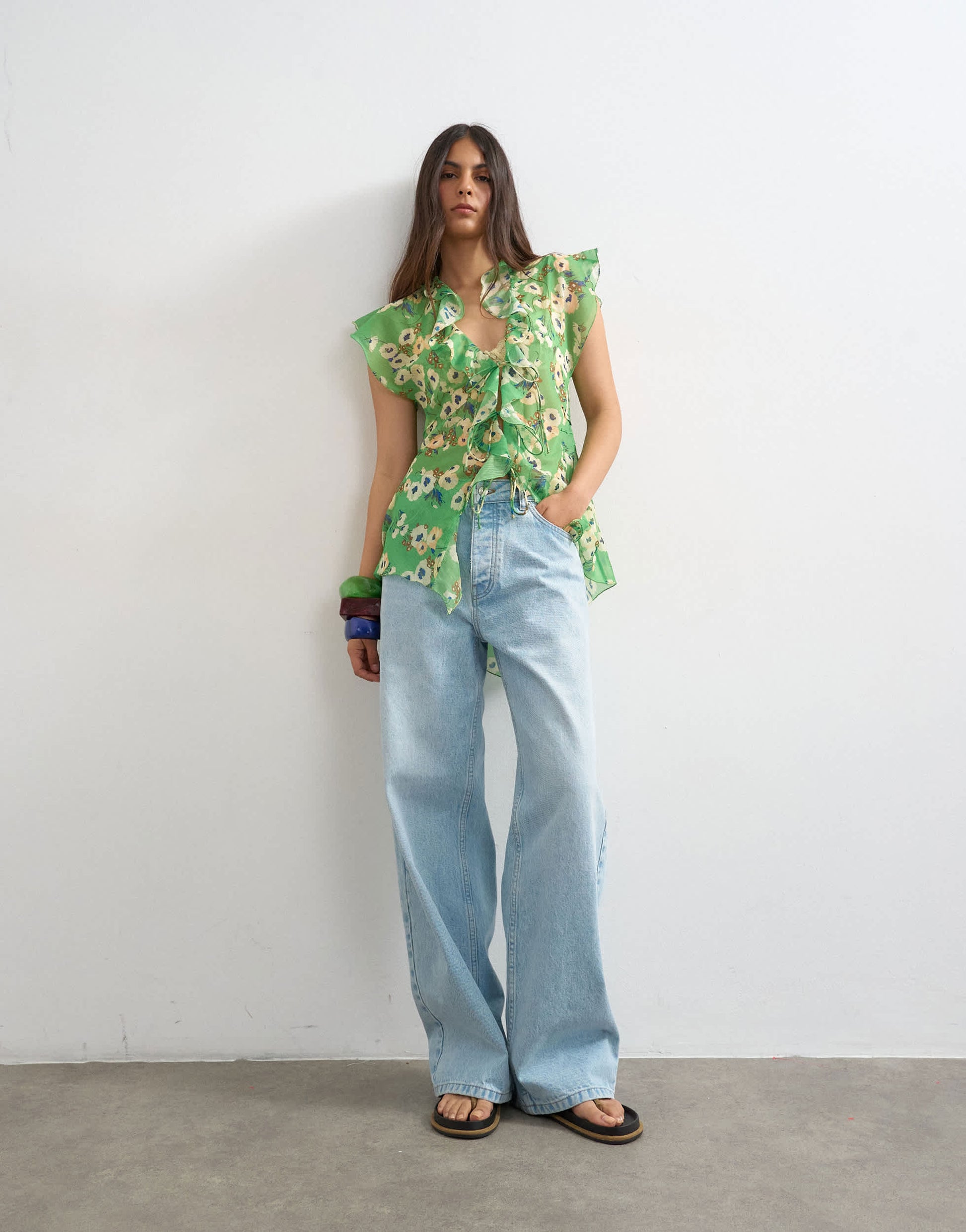 Topshop ruffle v neck top in green floral print
