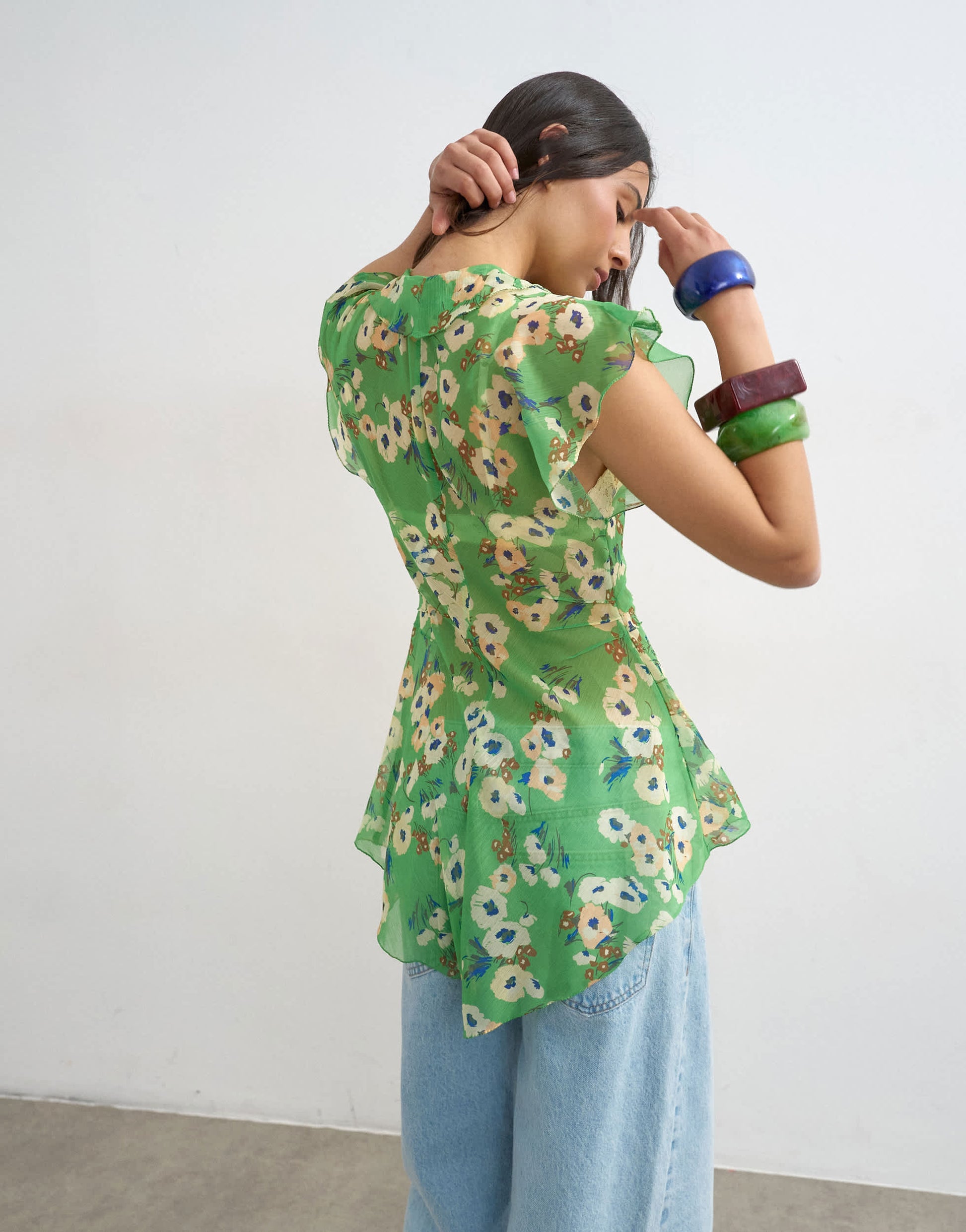 Topshop ruffle v neck top in green floral print