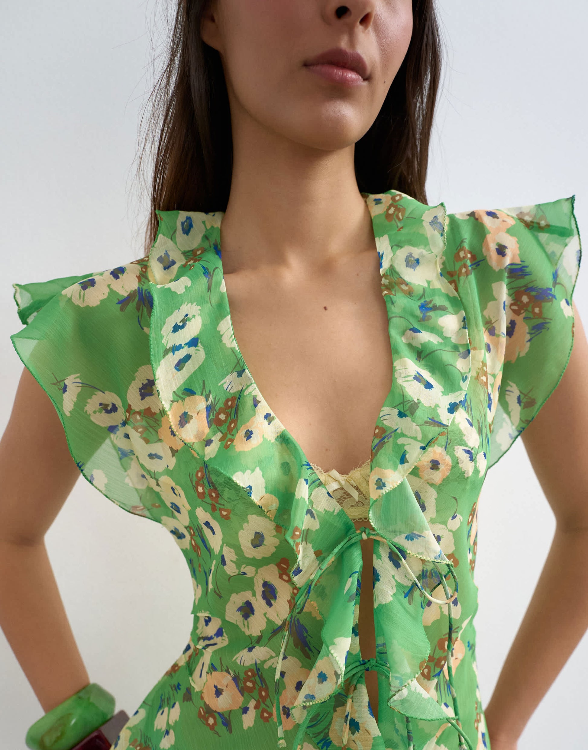 Topshop ruffle v neck top in green floral print