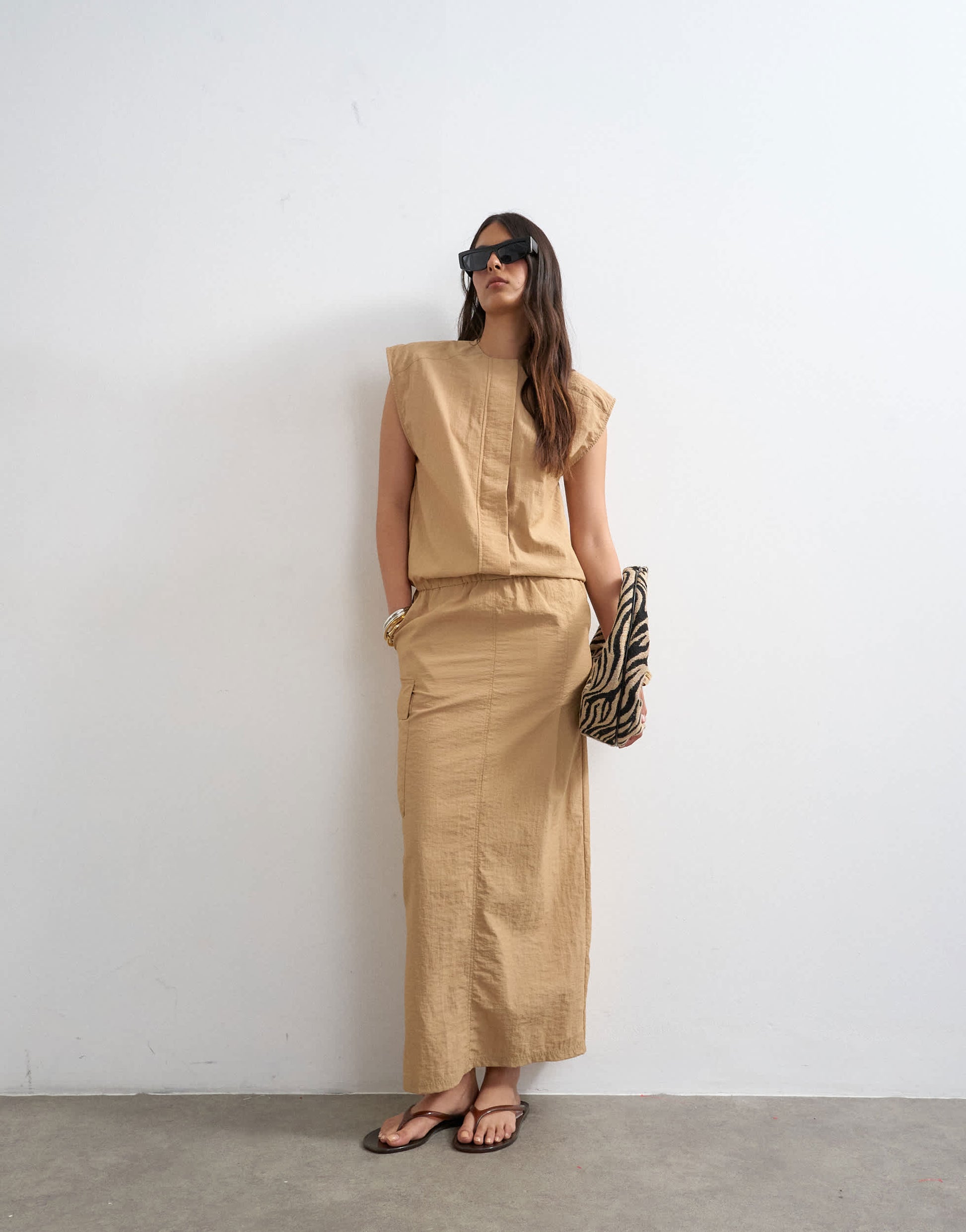 Topshop utility concealed placket column maxi dress in beige