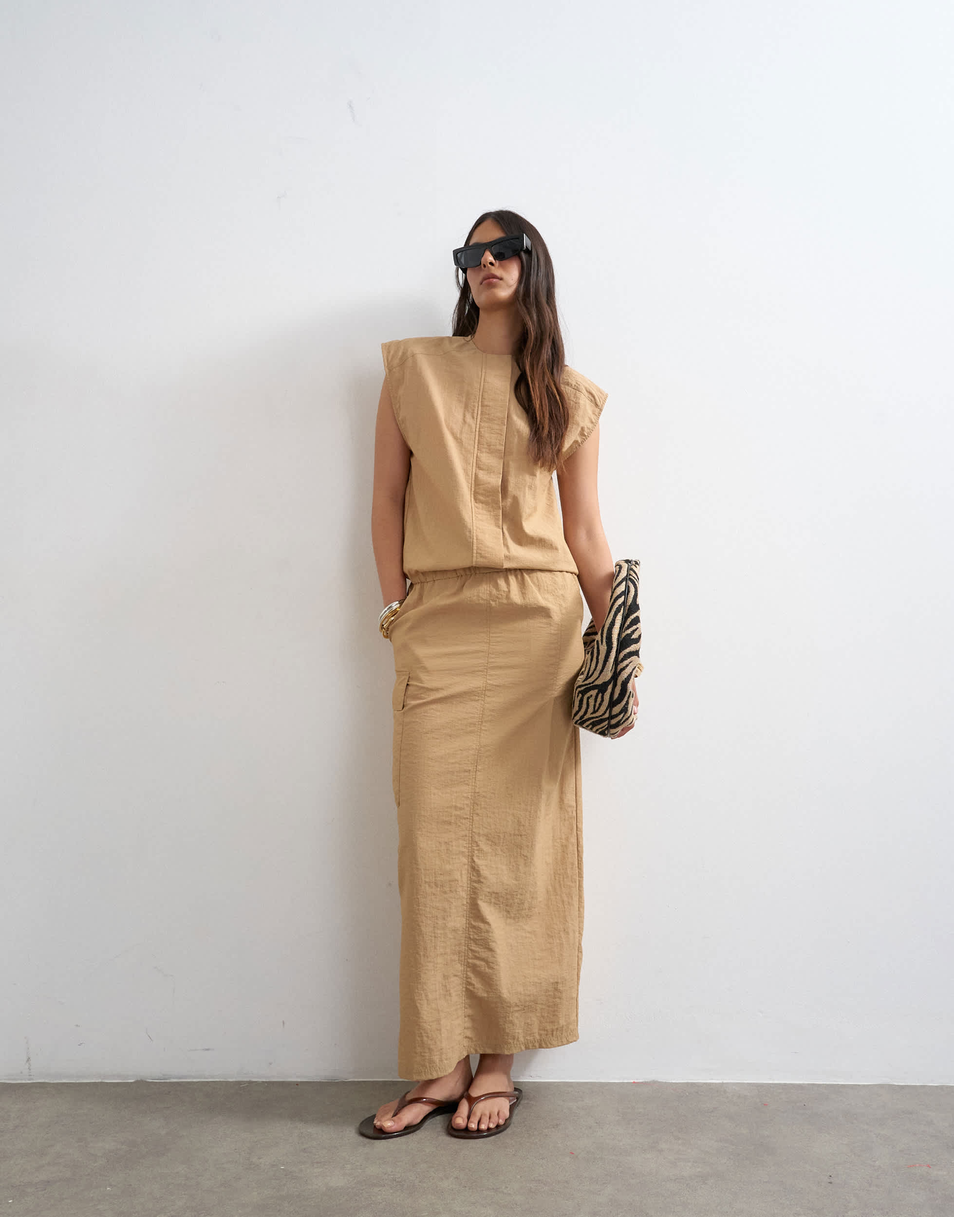Topshop utility concealed placket column maxi dress in beige