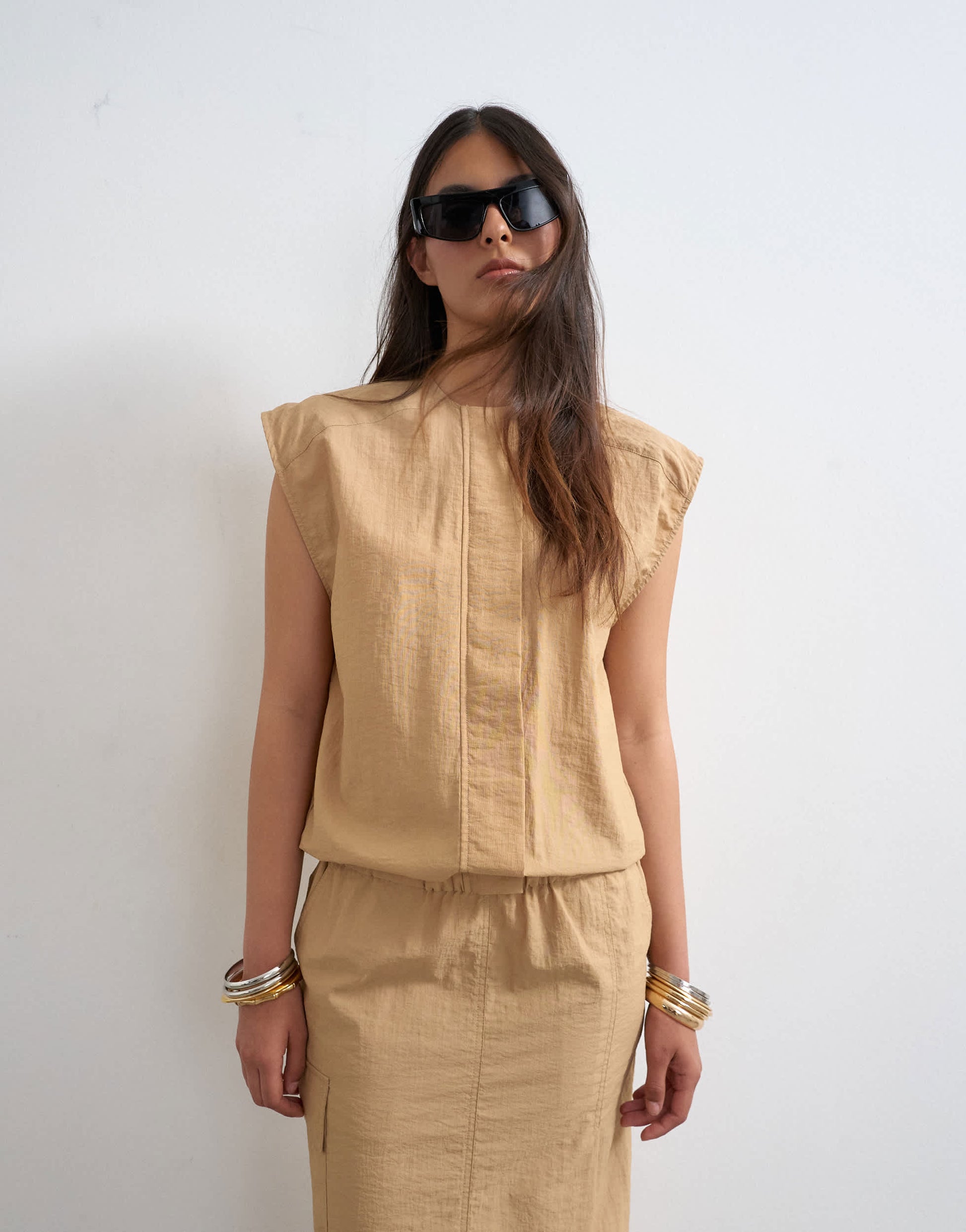 Topshop utility concealed placket column maxi dress in beige