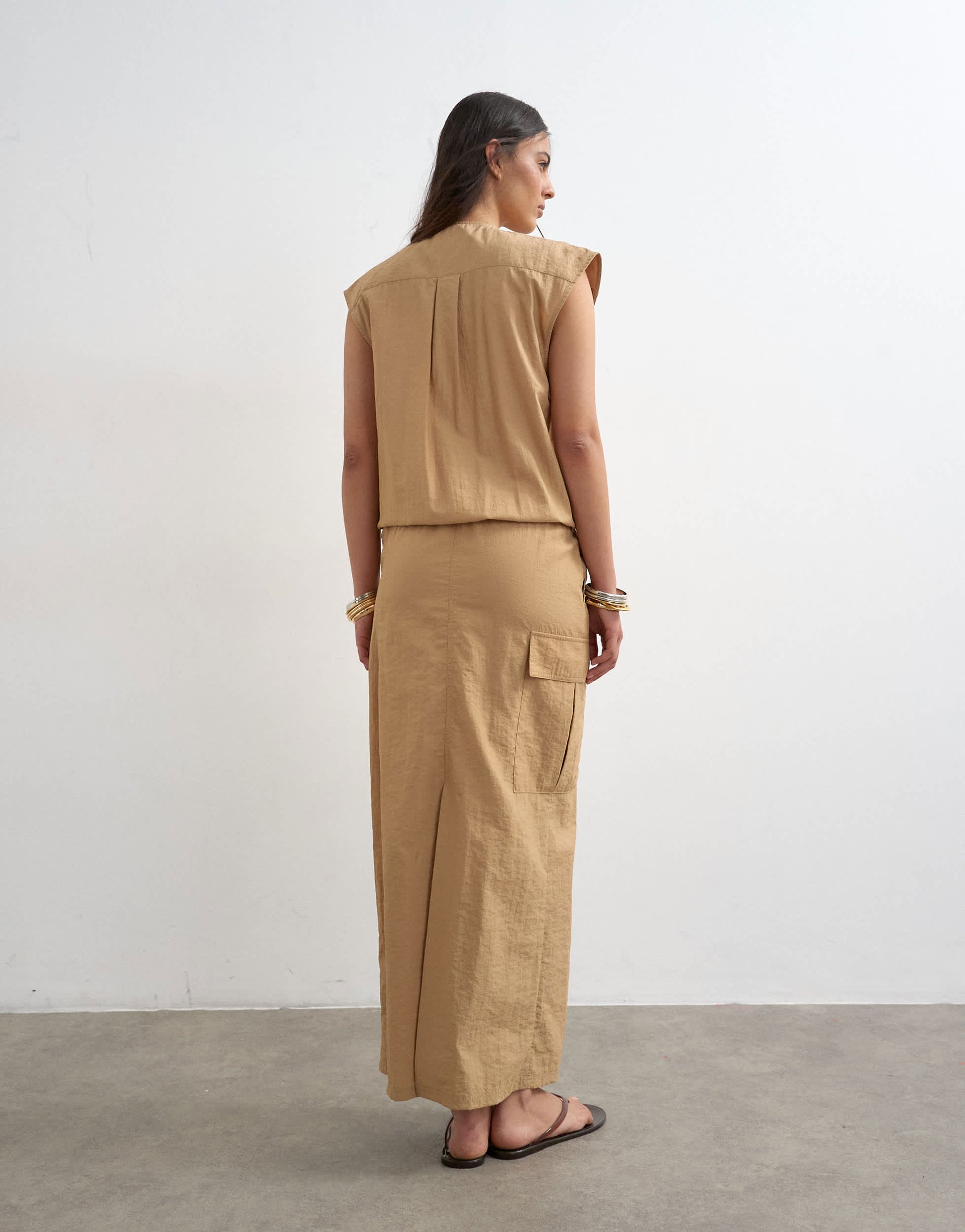 Topshop utility concealed placket column maxi dress in beige