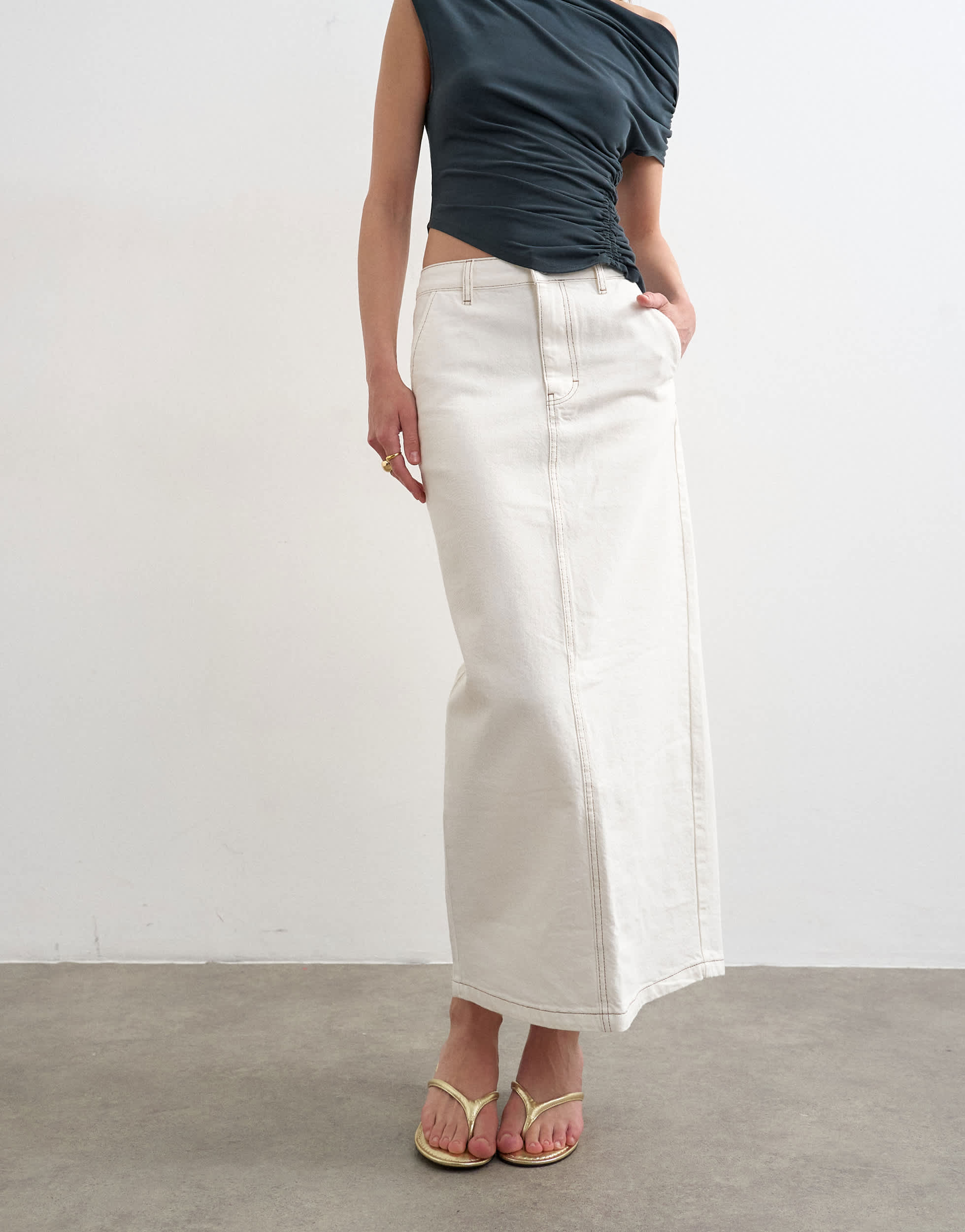 Topshop denim column maxi skirt in bone