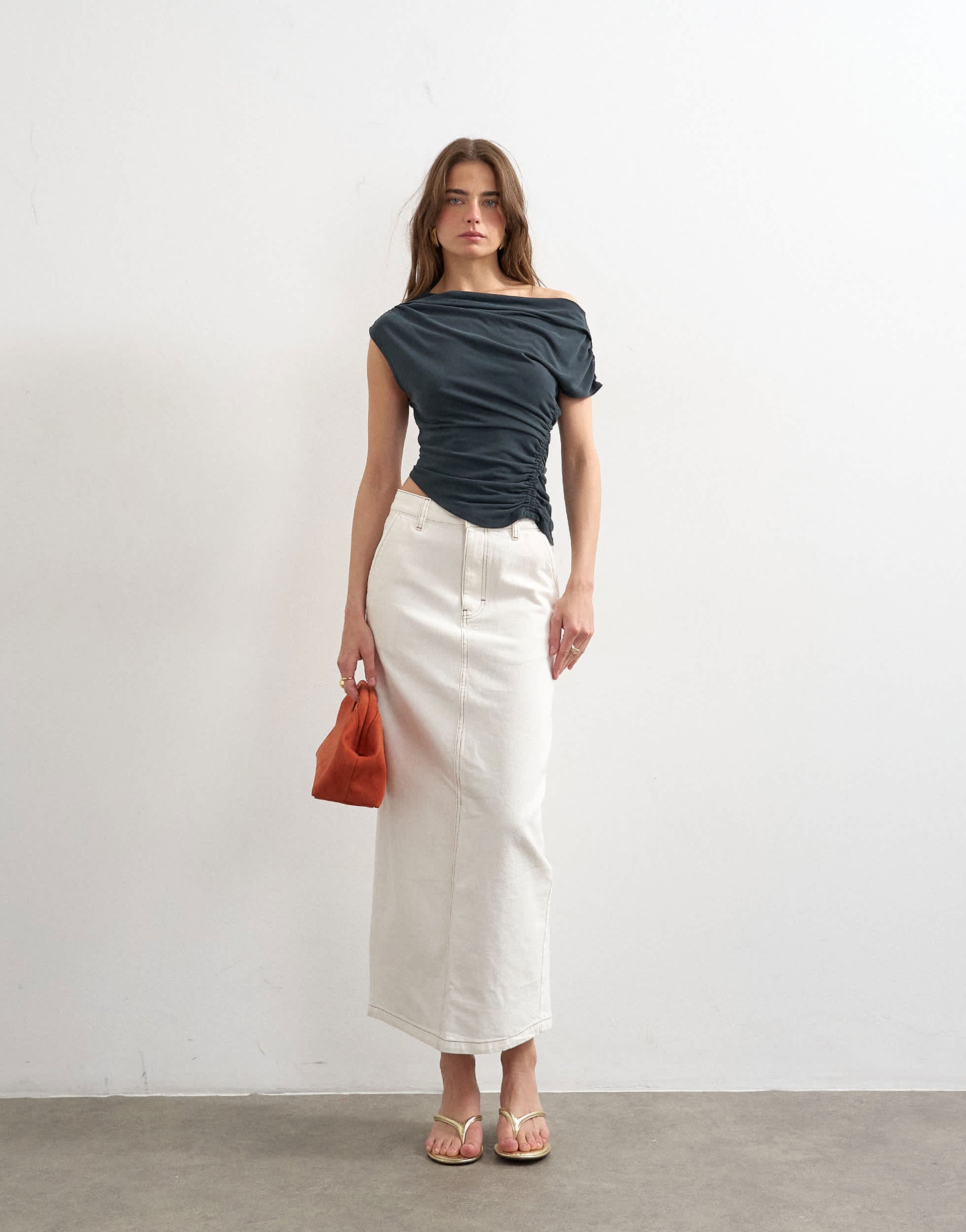 Topshop denim column maxi skirt in bone