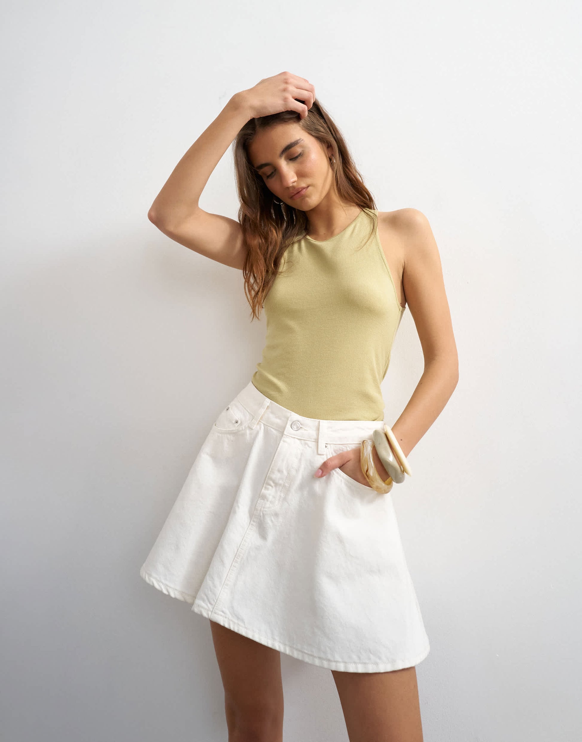 Topshop denim pleated full mini skirt in bone