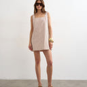 Topshop denim square neck pinny dress in ecru and red stripe