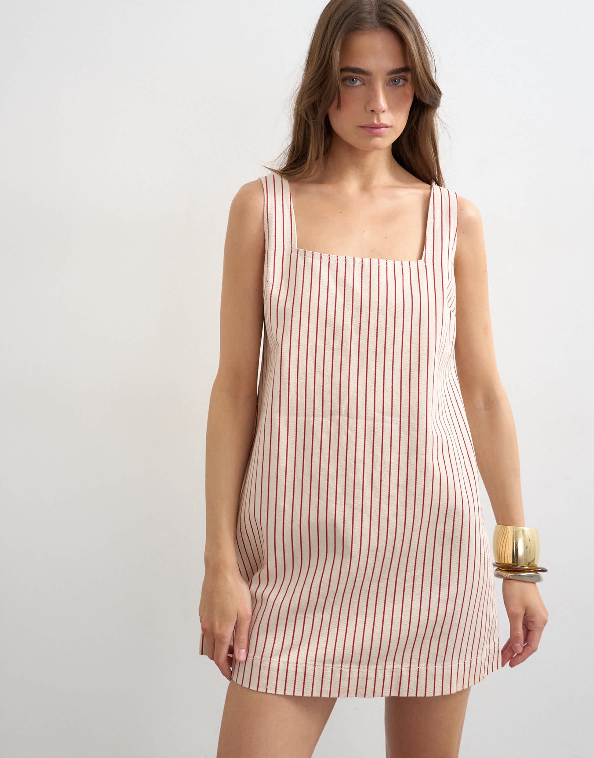 Topshop denim square neck pinny dress in ecru and red stripe