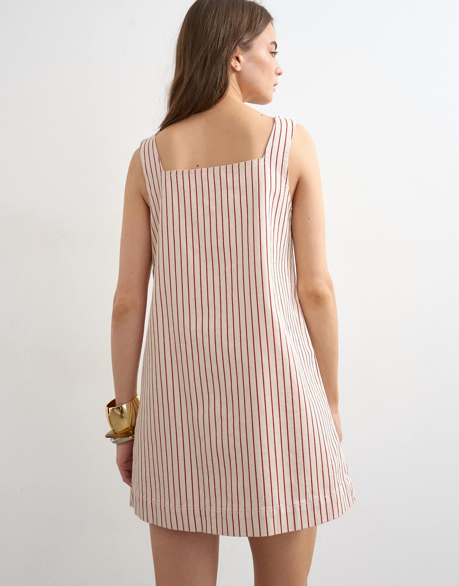 Topshop denim square neck pinny dress in ecru and red stripe
