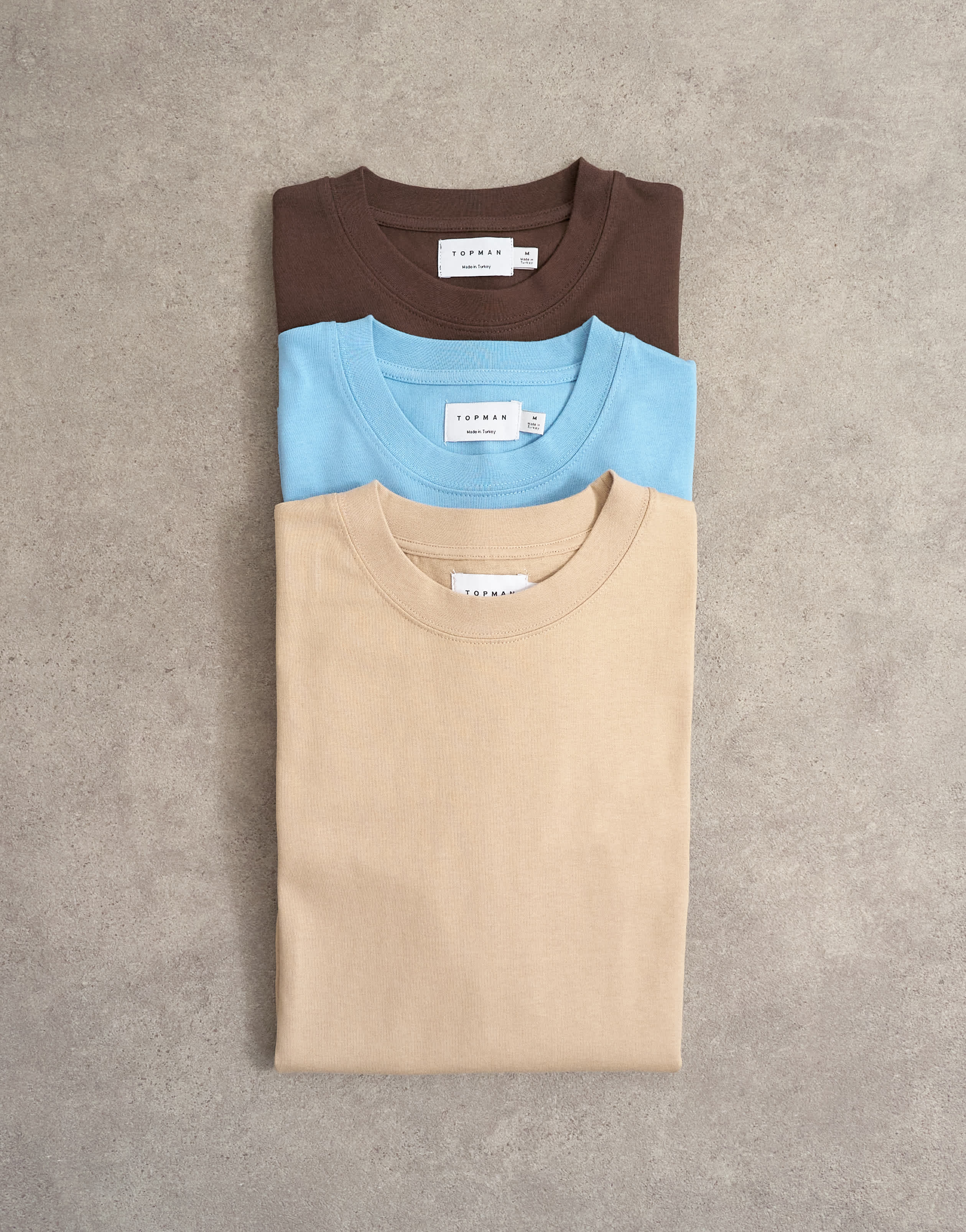 Topman 3er-Pack T-Shirts in lockerer Passform in Braun, Stone und Blau