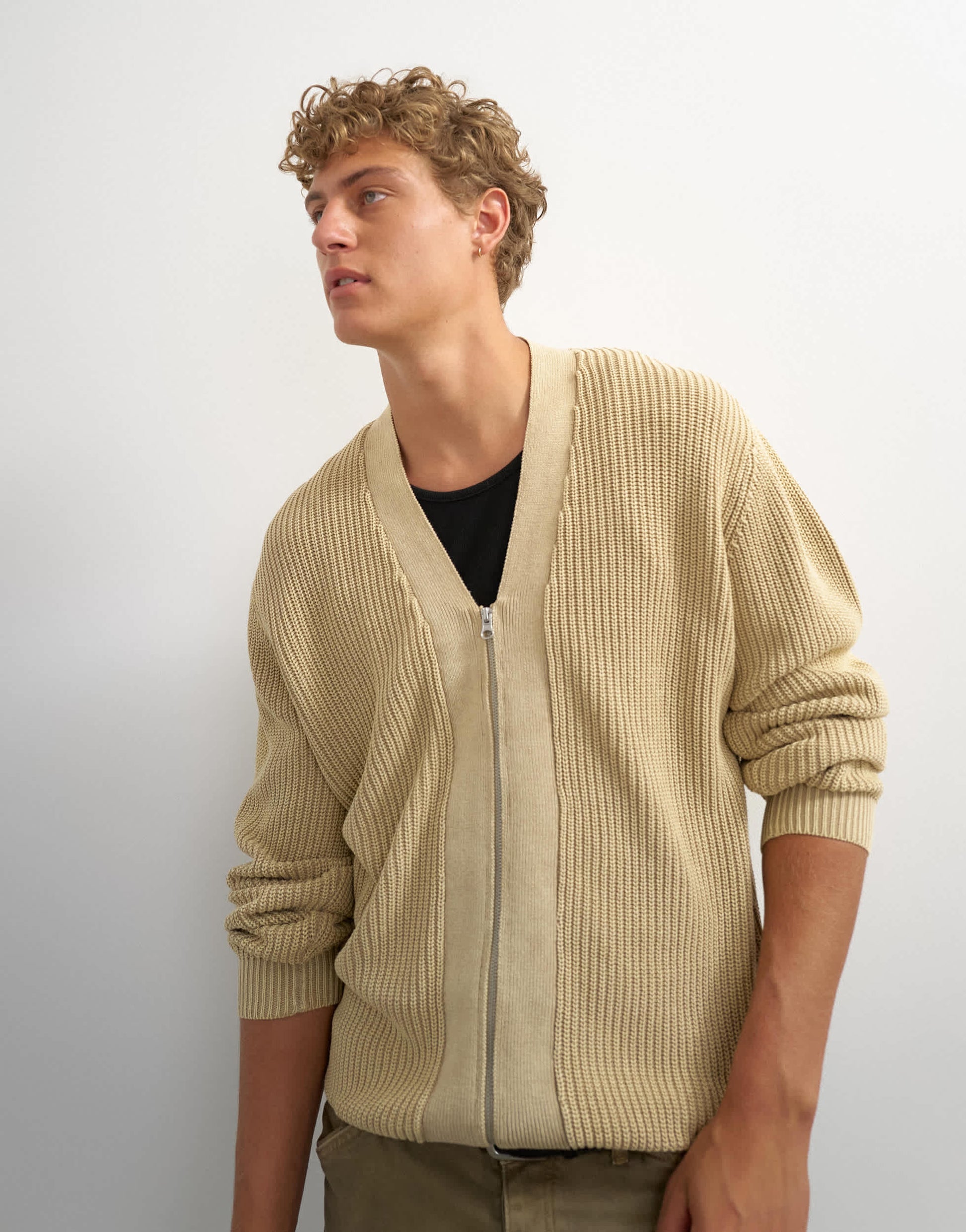 Topman relaxed fit acid wash knitted zip through cardigan in beige