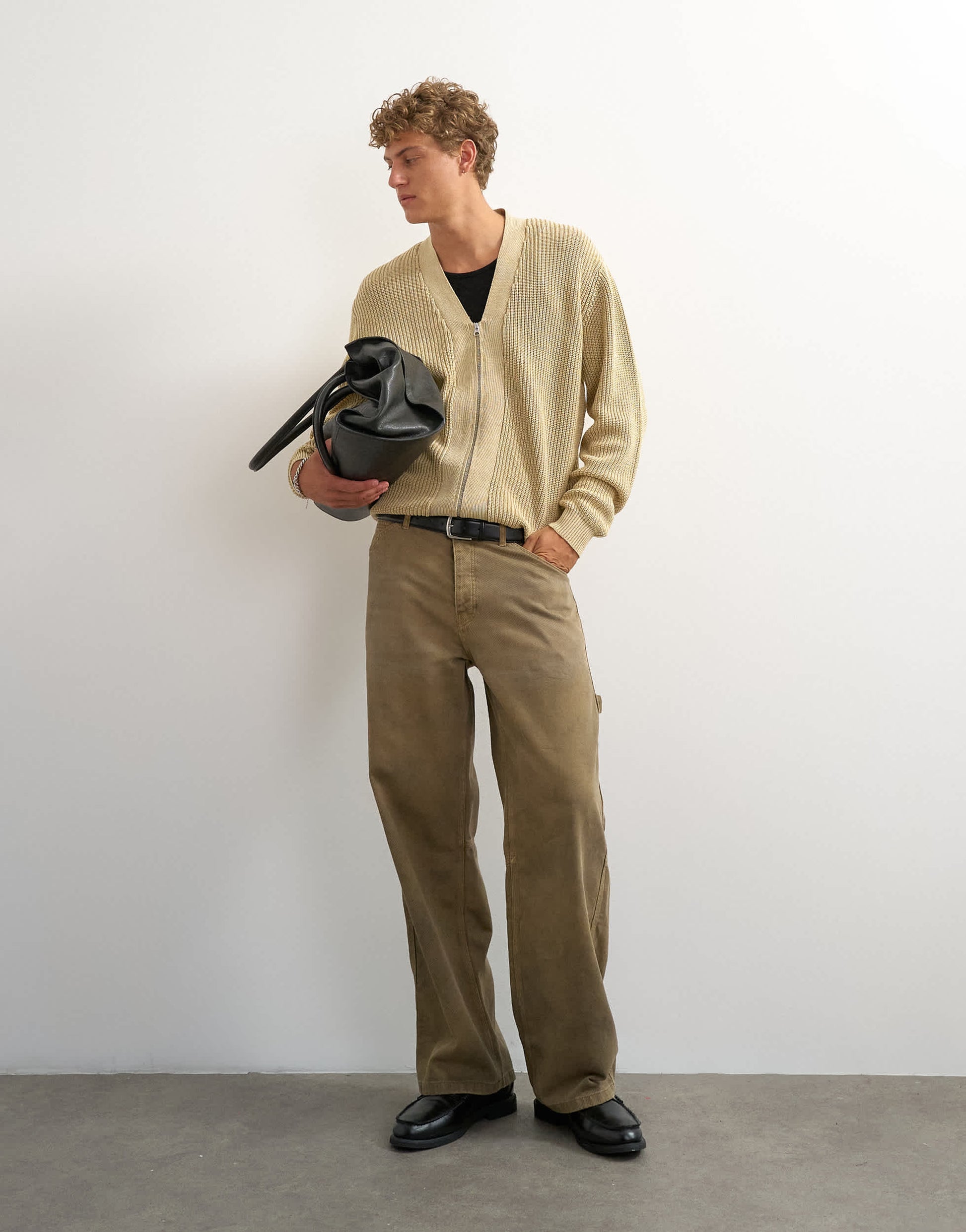 Topman relaxed fit acid wash knitted zip through cardigan in beige