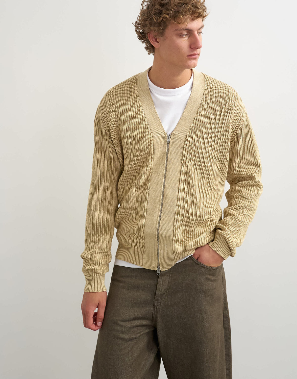 Topman relaxed fit acid wash knitted zip through cardigan in beige