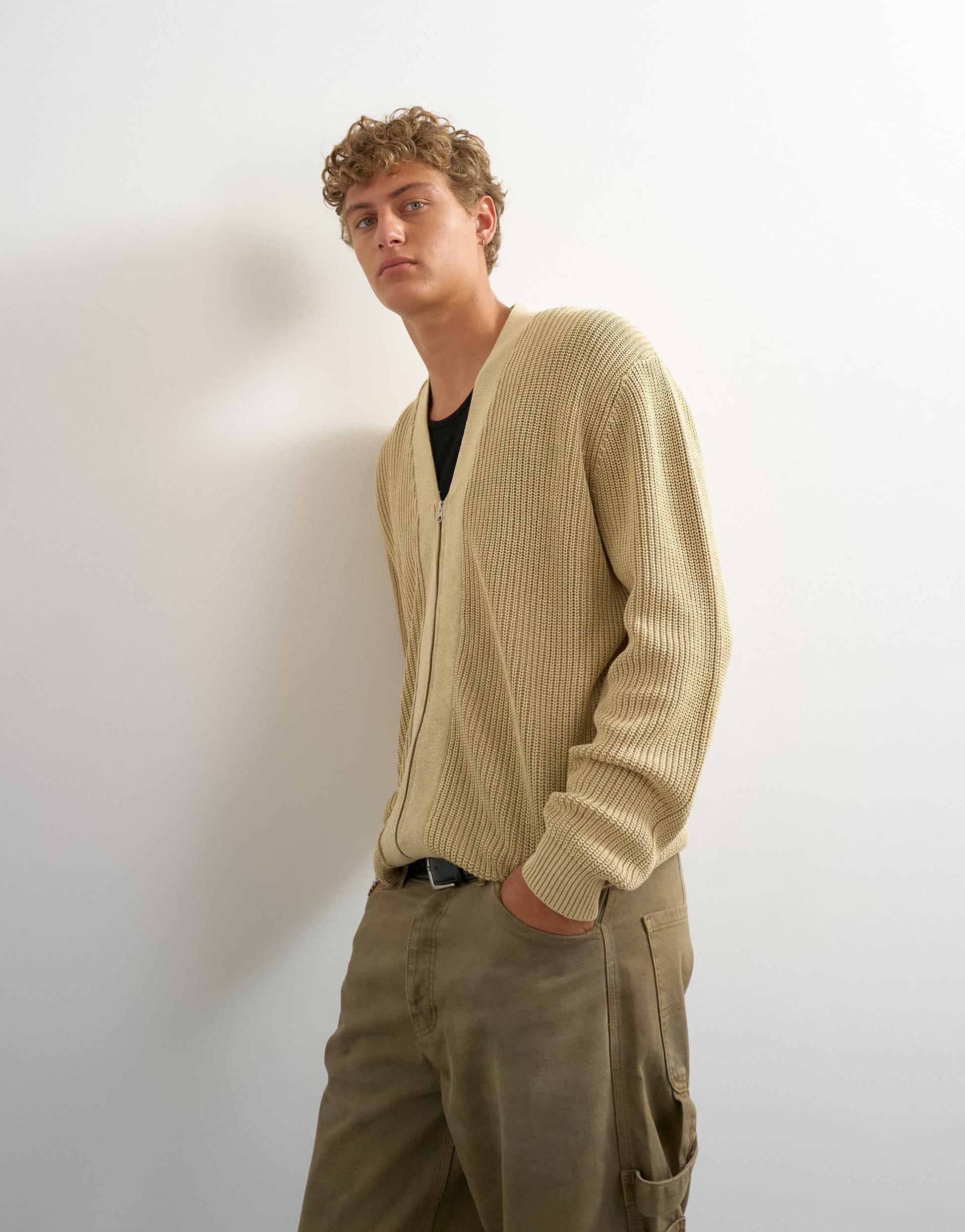 Topman relaxed fit acid wash knitted zip through cardigan in beige